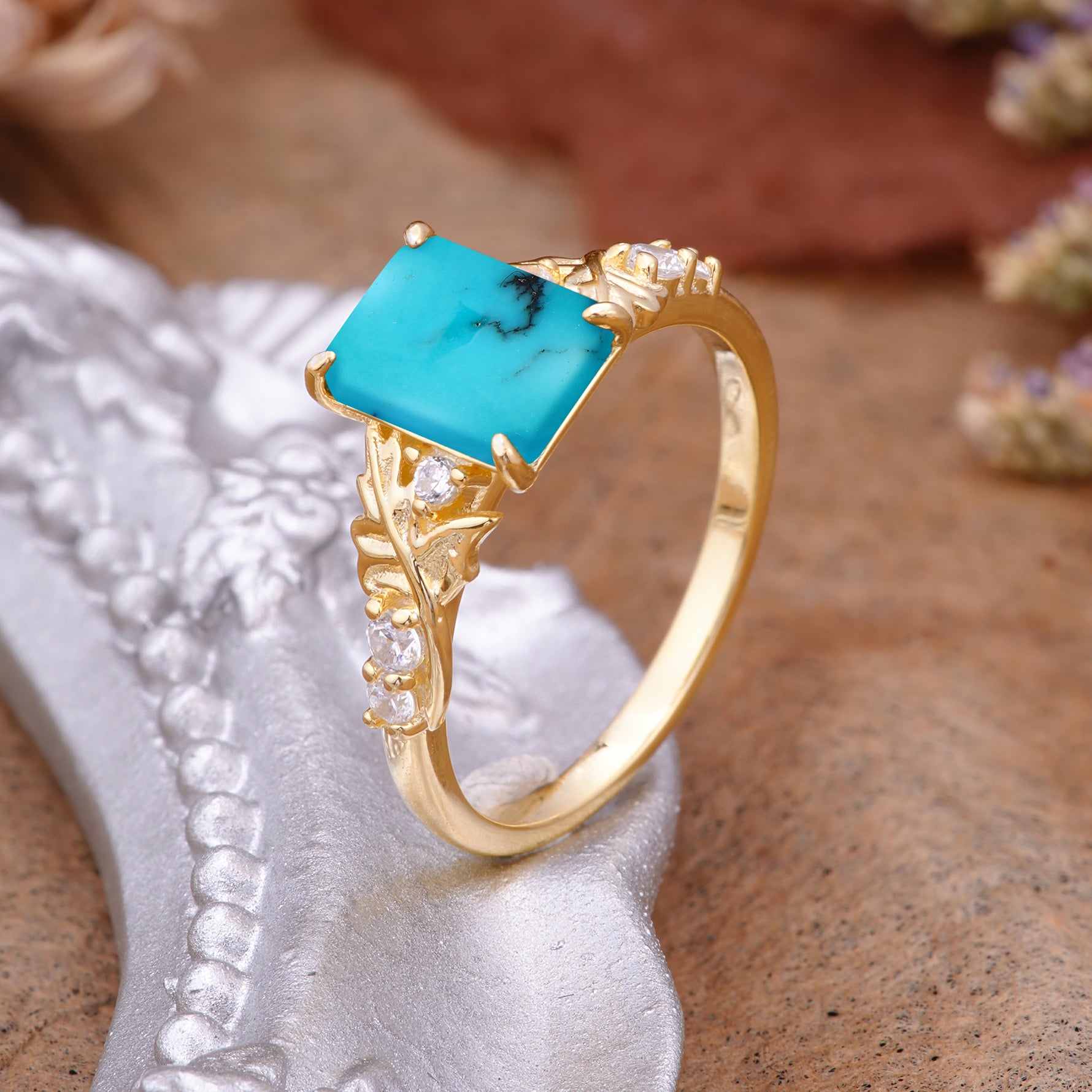 Nature-Inspired Emerald Cut Turquoise Engagement Ring - Additional view