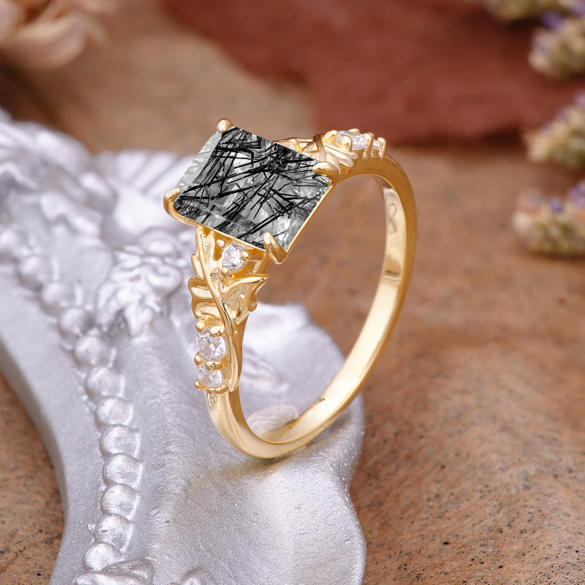 Nature-Inspired Emerald Cut Black Rutilated Quartz Engagement Ring - Additional view