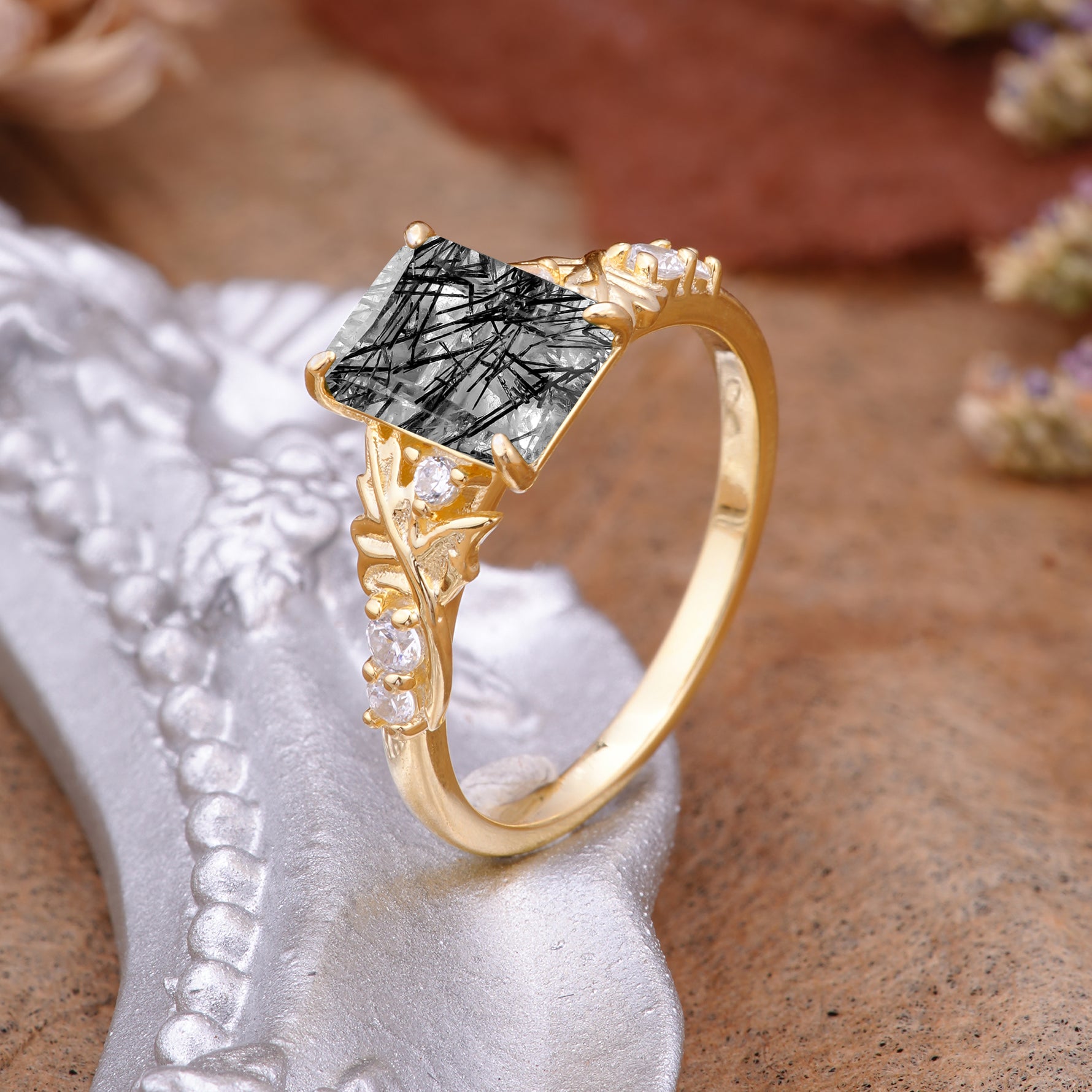 Nature-Inspired Emerald Cut Black Rutilated Quartz Engagement Ring - Additional view