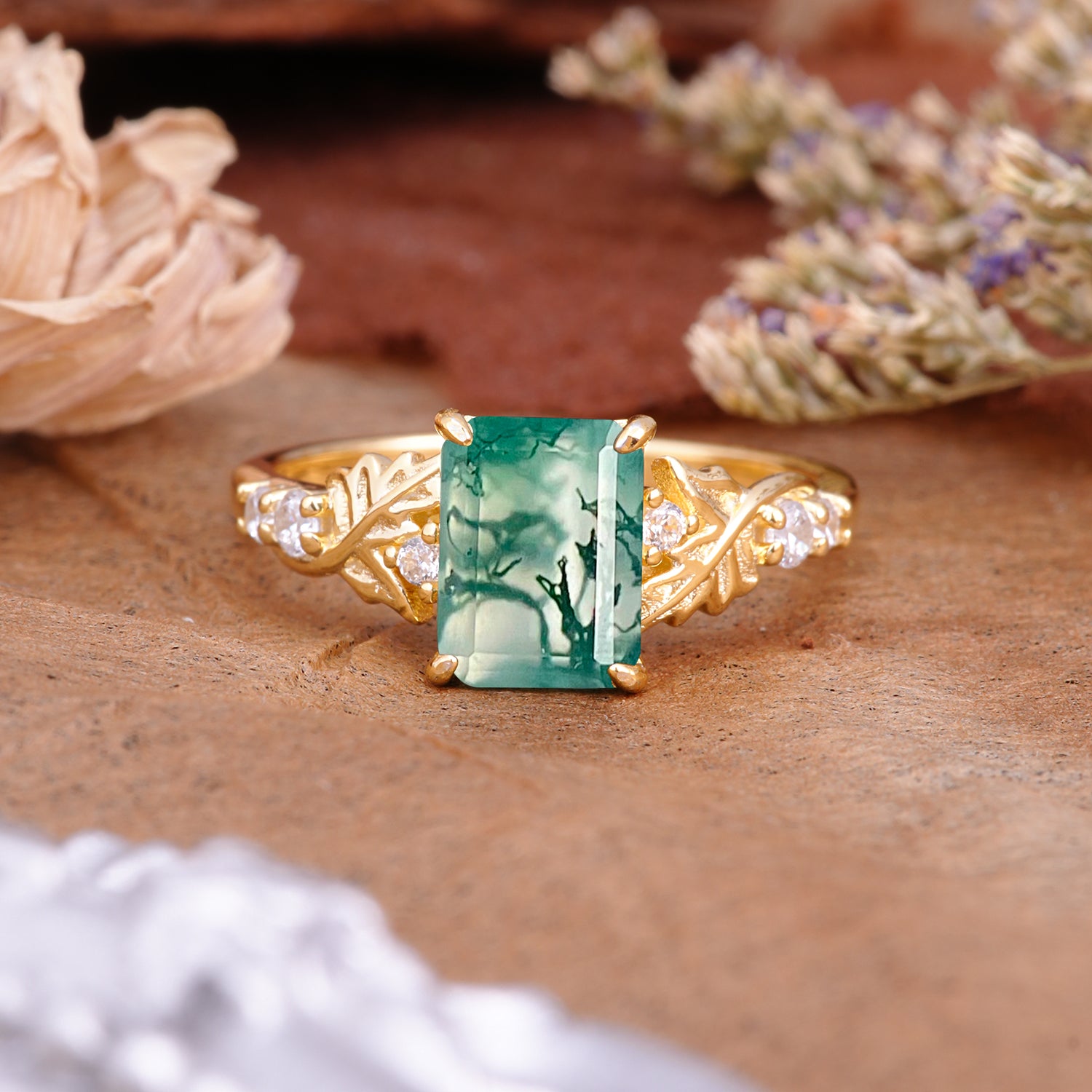 Nature-Inspired Emerald Cut Moss Agate Engagement Ring - Additional view