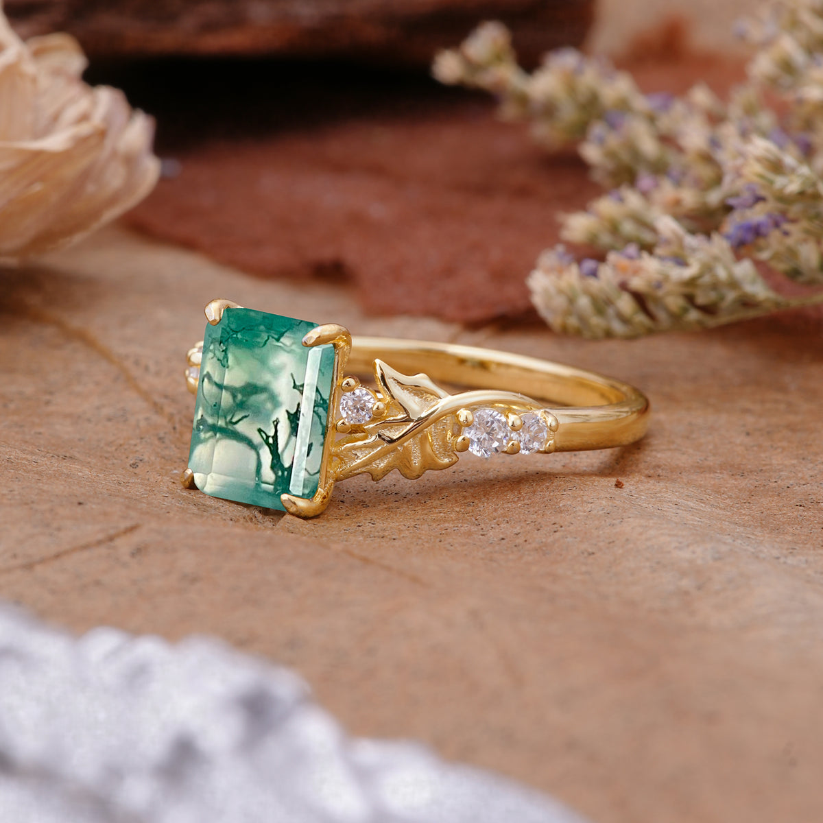 Nature-Inspired Emerald Cut Moss Agate Engagement Ring - Additional view
