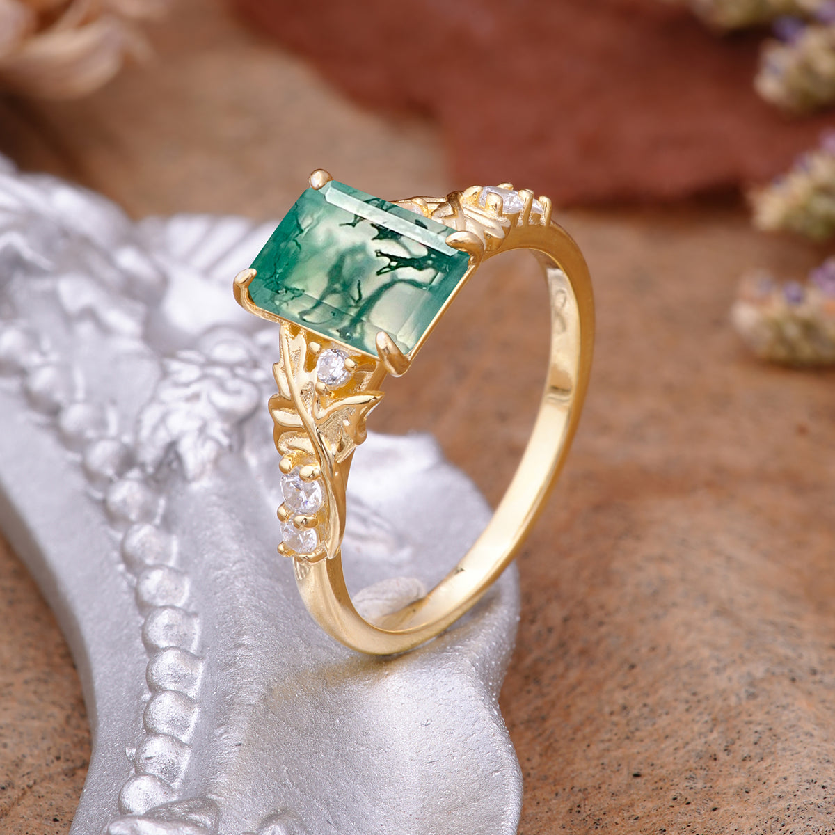 Nature-Inspired Emerald Cut Moss Agate Engagement Ring - Additional view