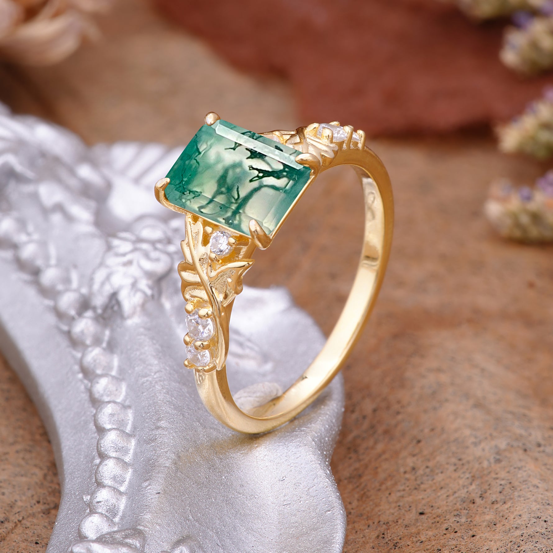Nature-Inspired Emerald Cut Moss Agate Engagement Ring - Additional view