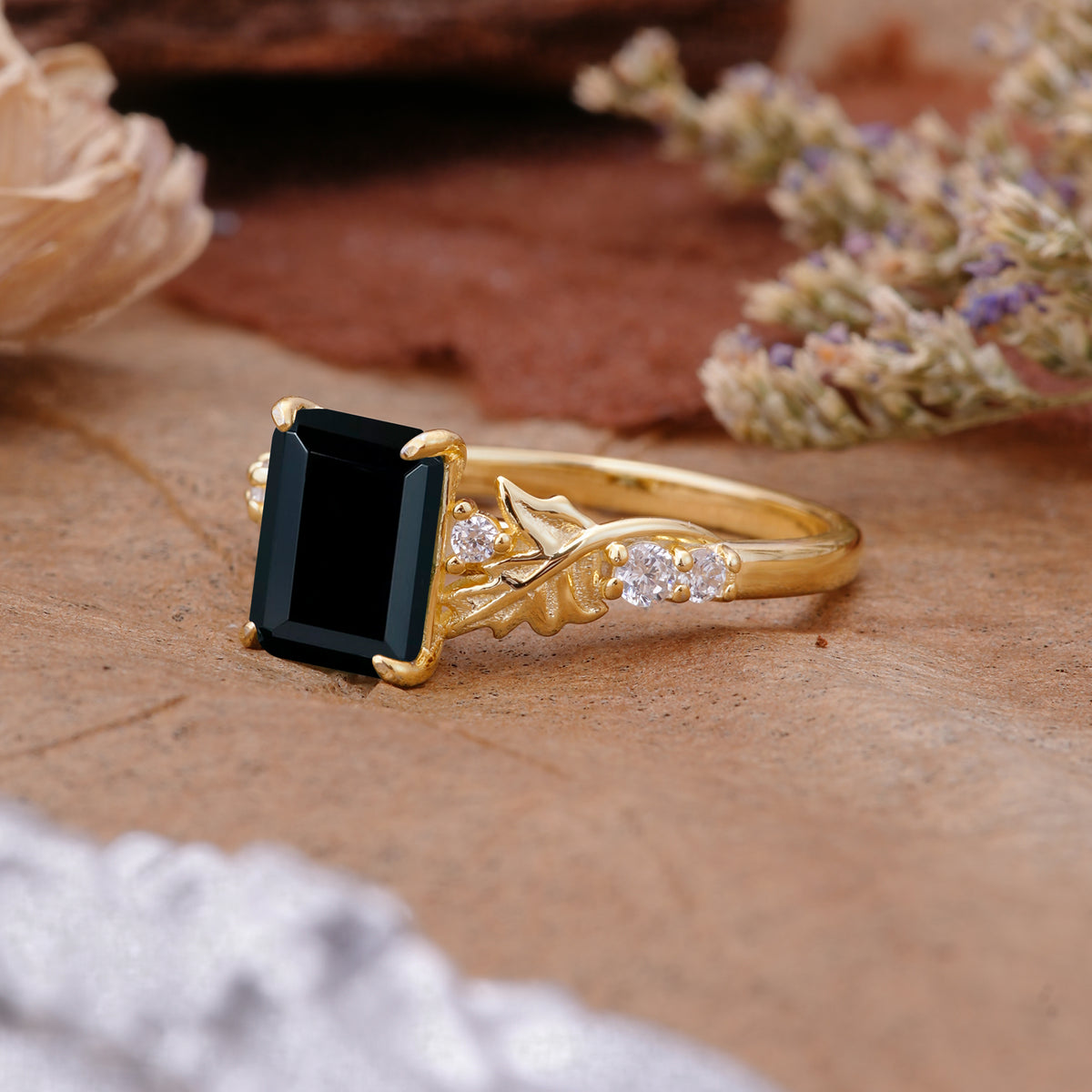 Nature-Inspired Emerald Cut Black Onyx Engagement Ring - Additional view