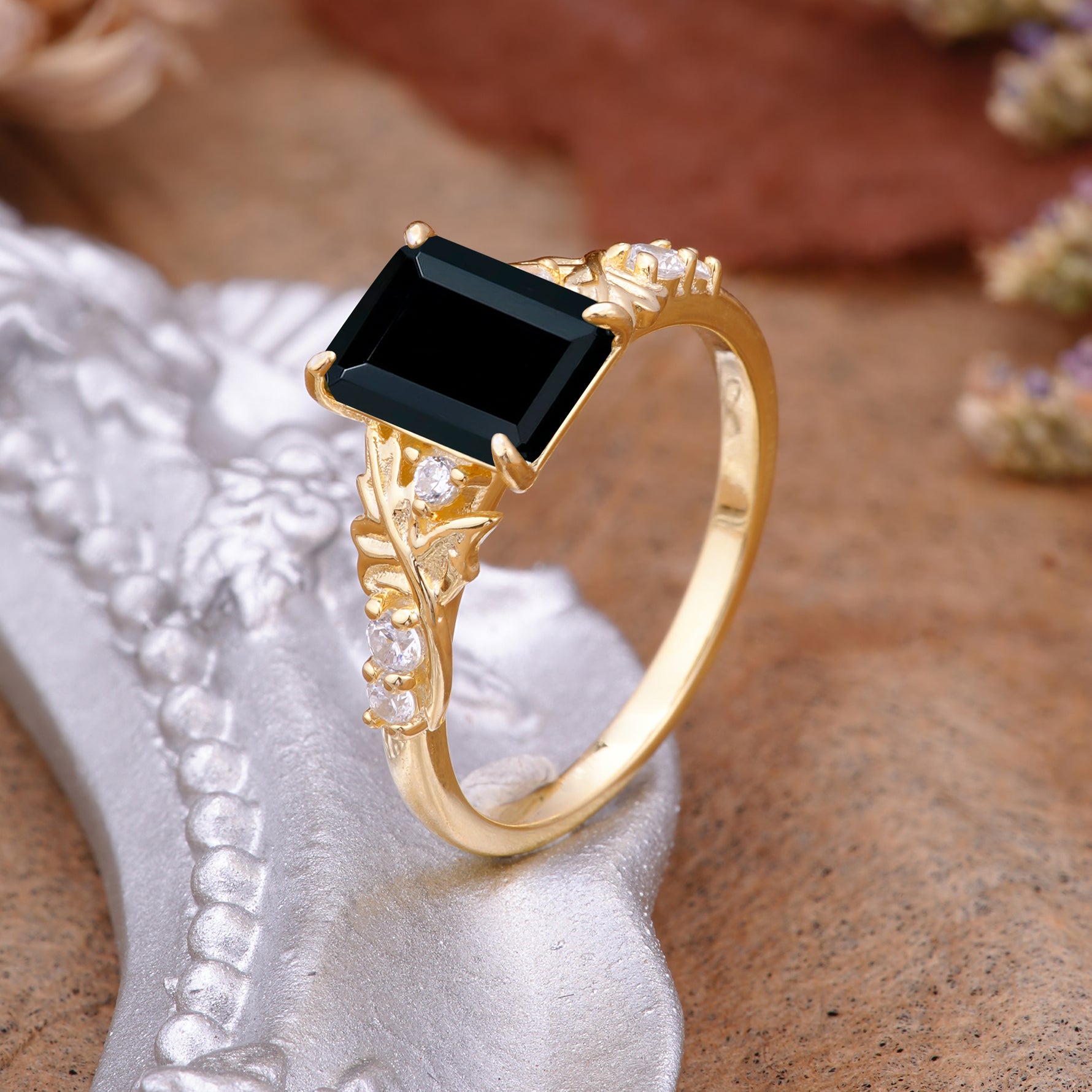 Nature-Inspired Emerald Cut Black Onyx Engagement Ring - Additional view