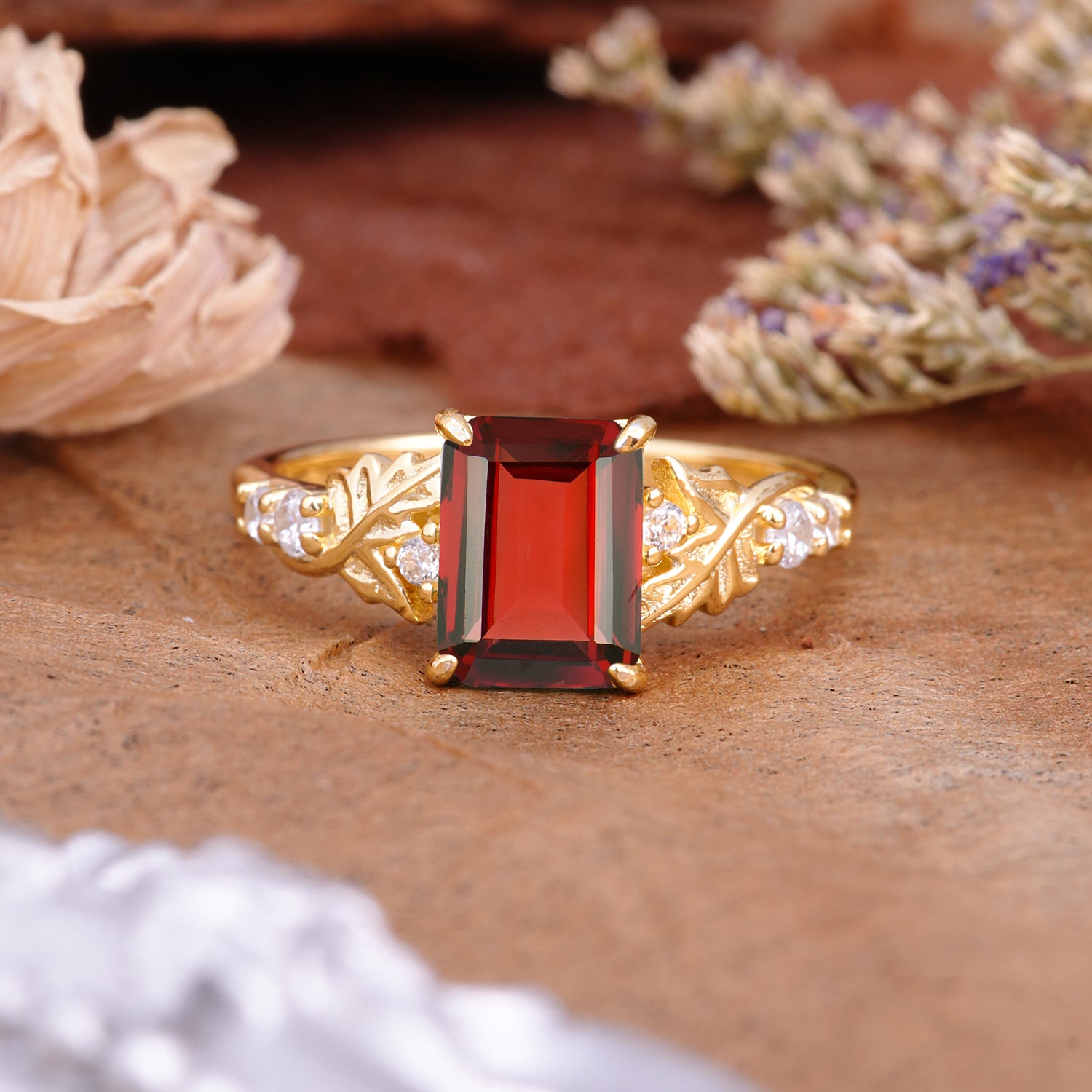Nature-Inspired Emerald Cut Garnet Engagement Ring - Additional view