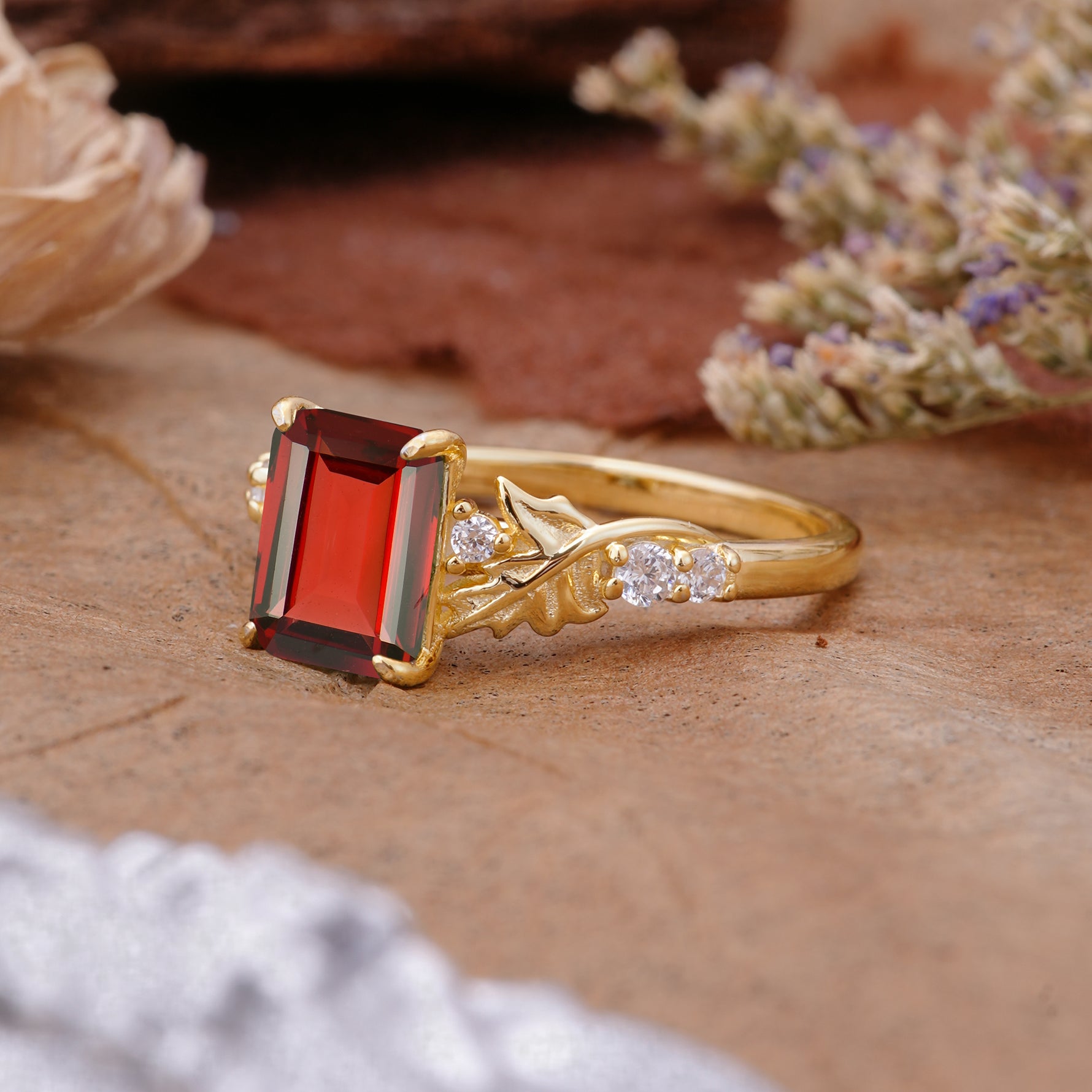 Nature-Inspired Emerald Cut Garnet Engagement Ring - Additional view