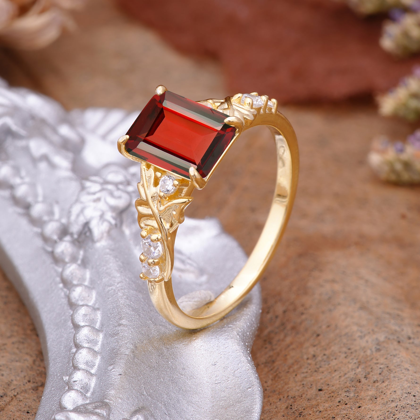 Nature-Inspired Emerald Cut Garnet Engagement Ring - Additional view
