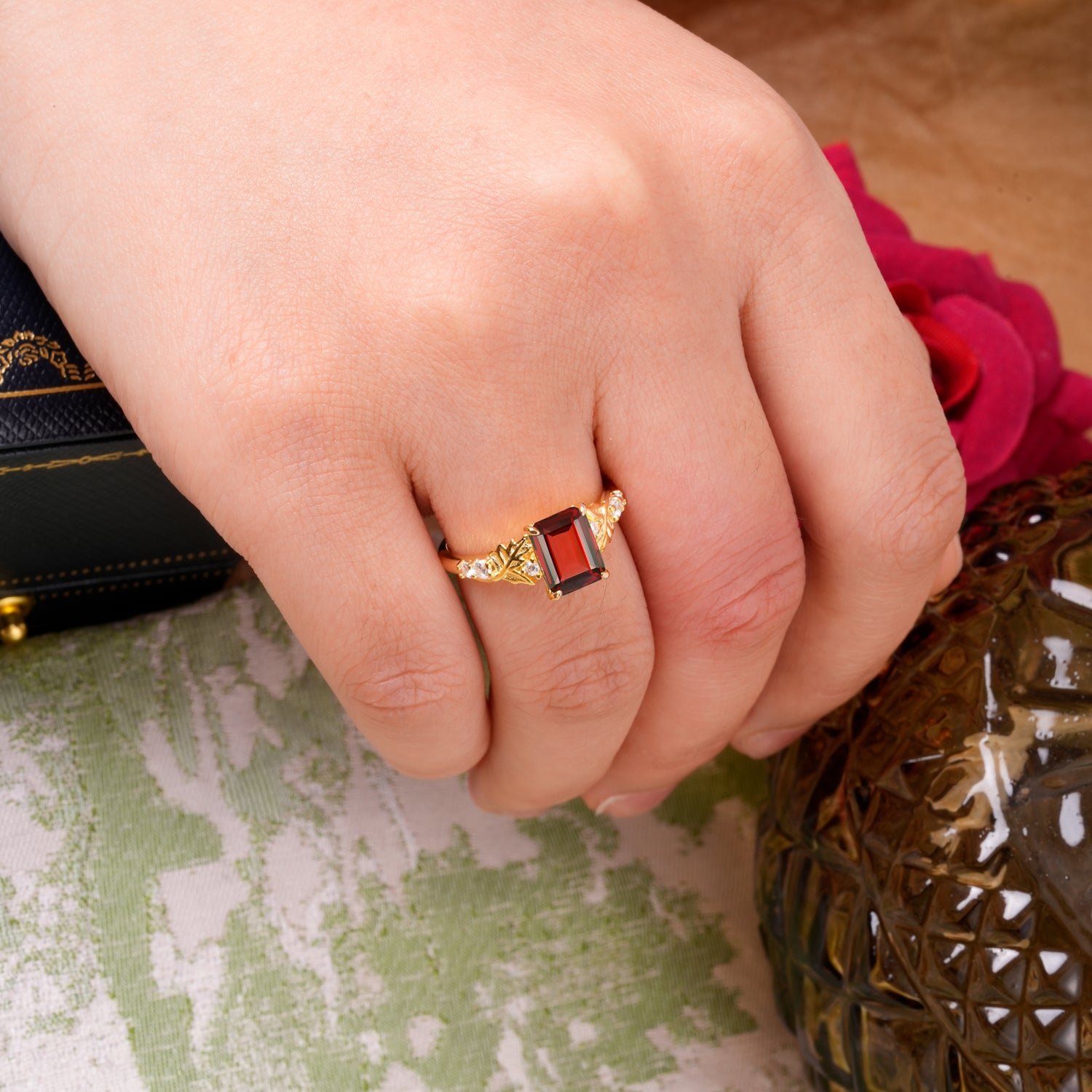 Nature-Inspired Emerald Cut Garnet Engagement Ring - Additional view