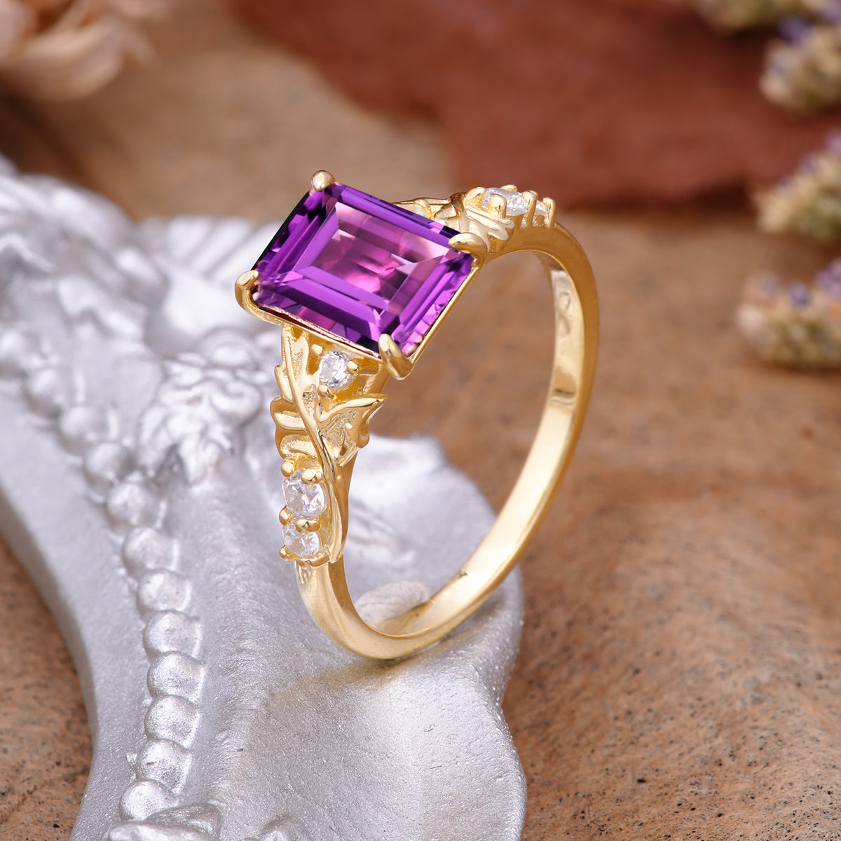 Nature-Inspired Emerald Cut Amethyst Engagement Ring - Additional view