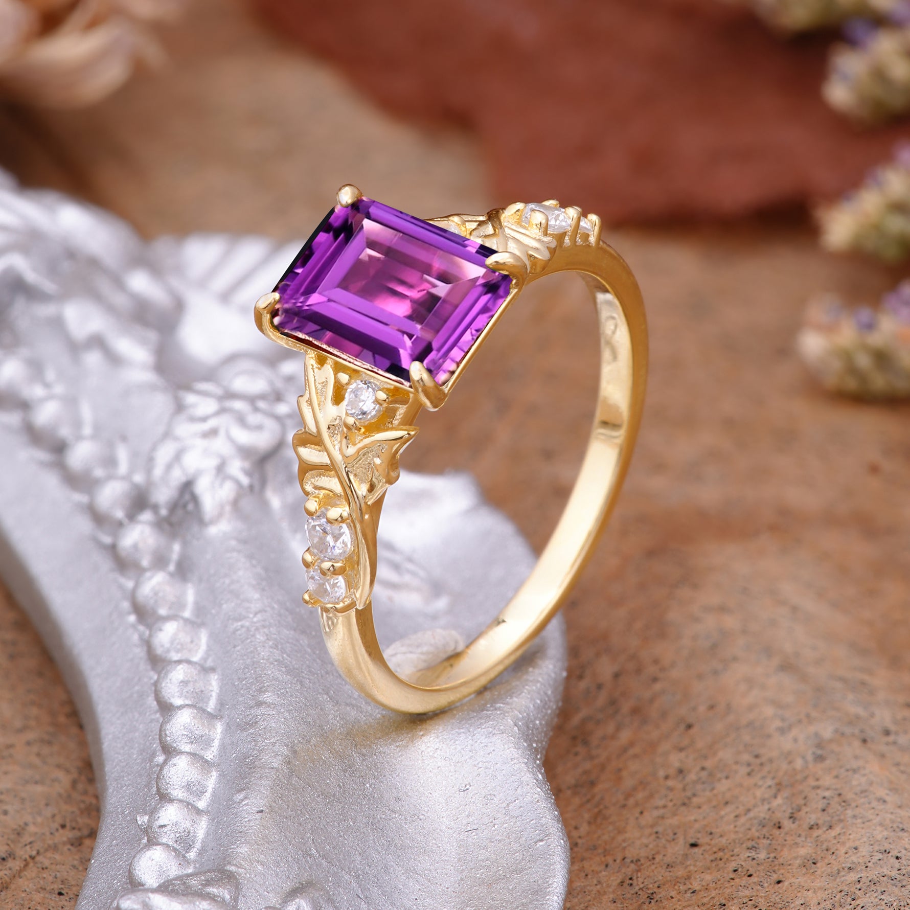 Nature-Inspired Emerald Cut Amethyst Engagement Ring - Additional view