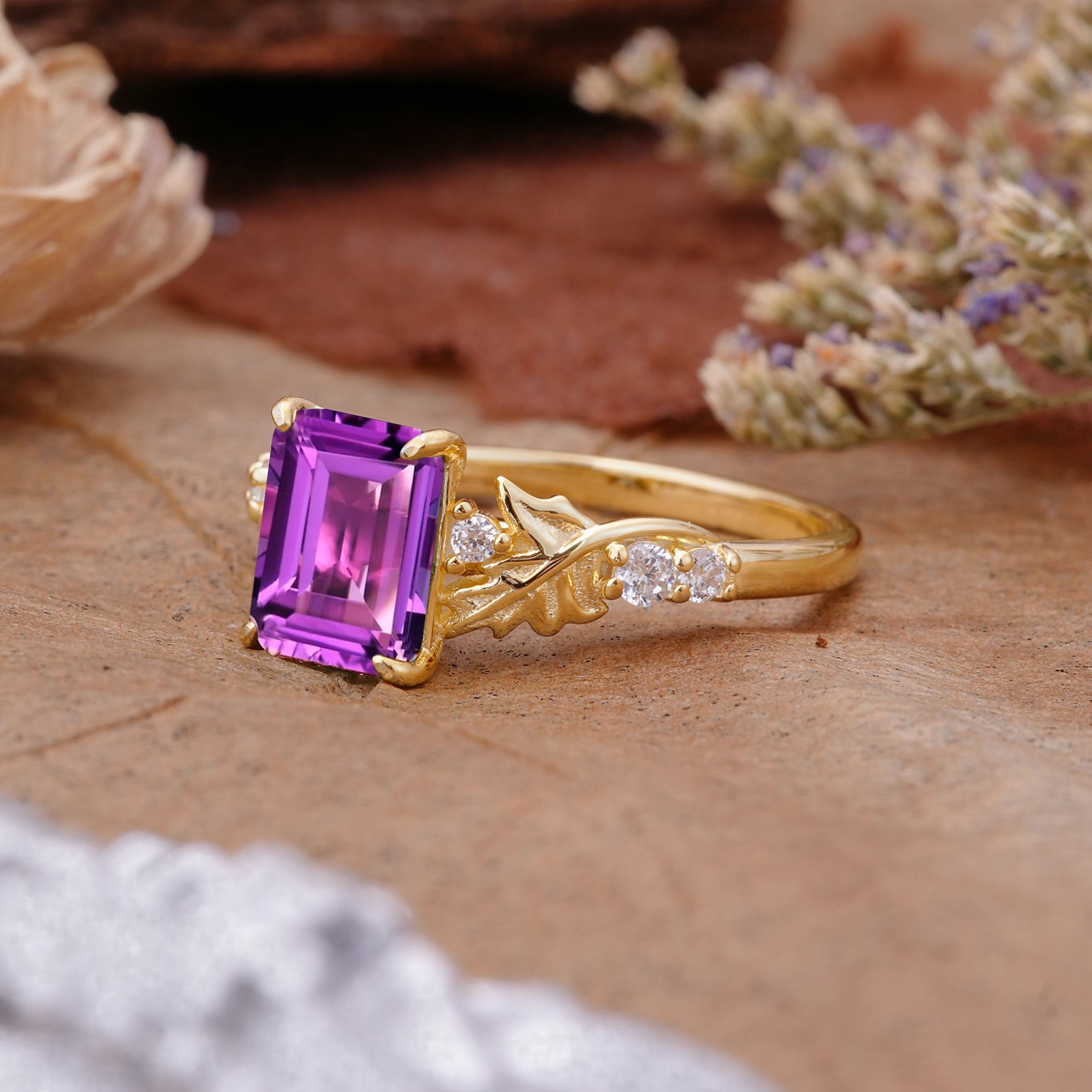 Nature-Inspired Emerald Cut Amethyst Engagement Ring - Additional view