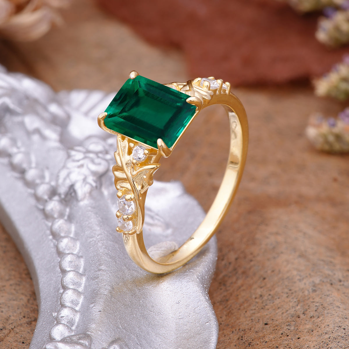 Nature-Inspired Emerald Cut Emerald Engagement Ring - Additional view