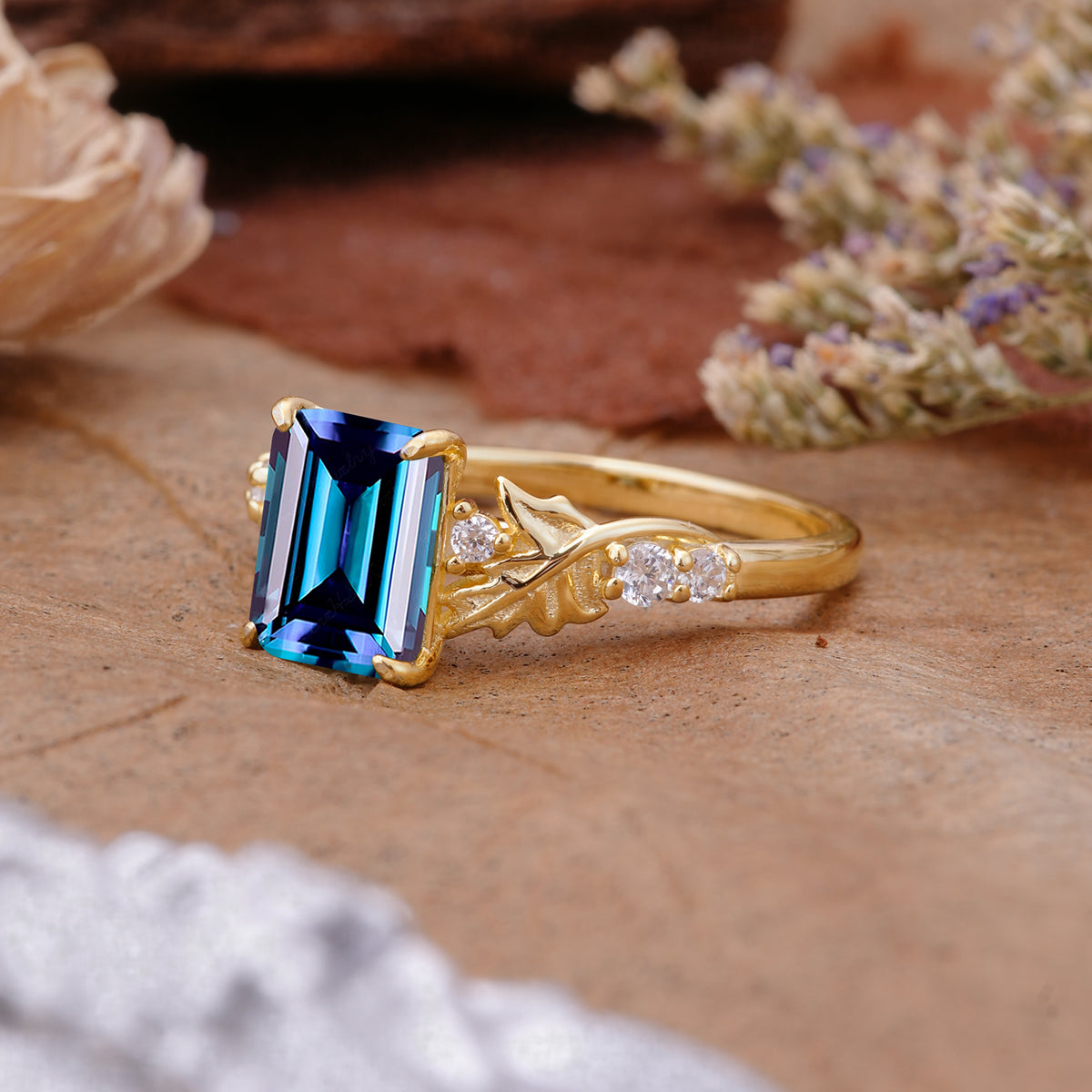 Nature-Inspired Emerald Cut Alexandrite Engagement Ring - Additional view