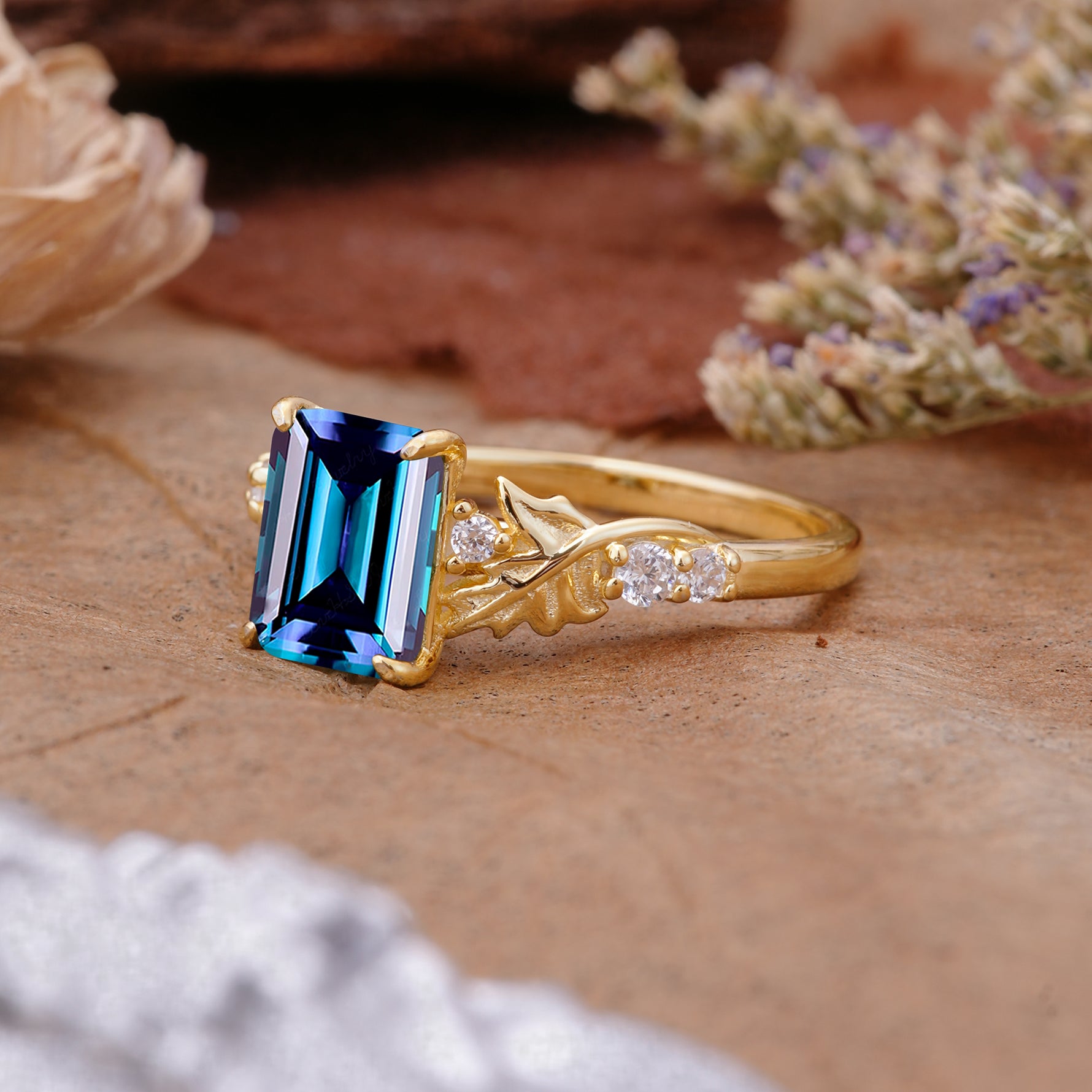 Nature-Inspired Emerald Cut Alexandrite Engagement Ring - Additional view