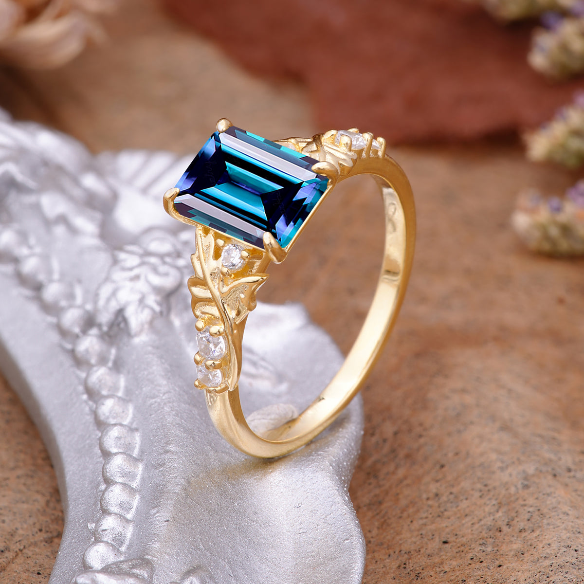 Nature-Inspired Emerald Cut Alexandrite Engagement Ring - Additional view