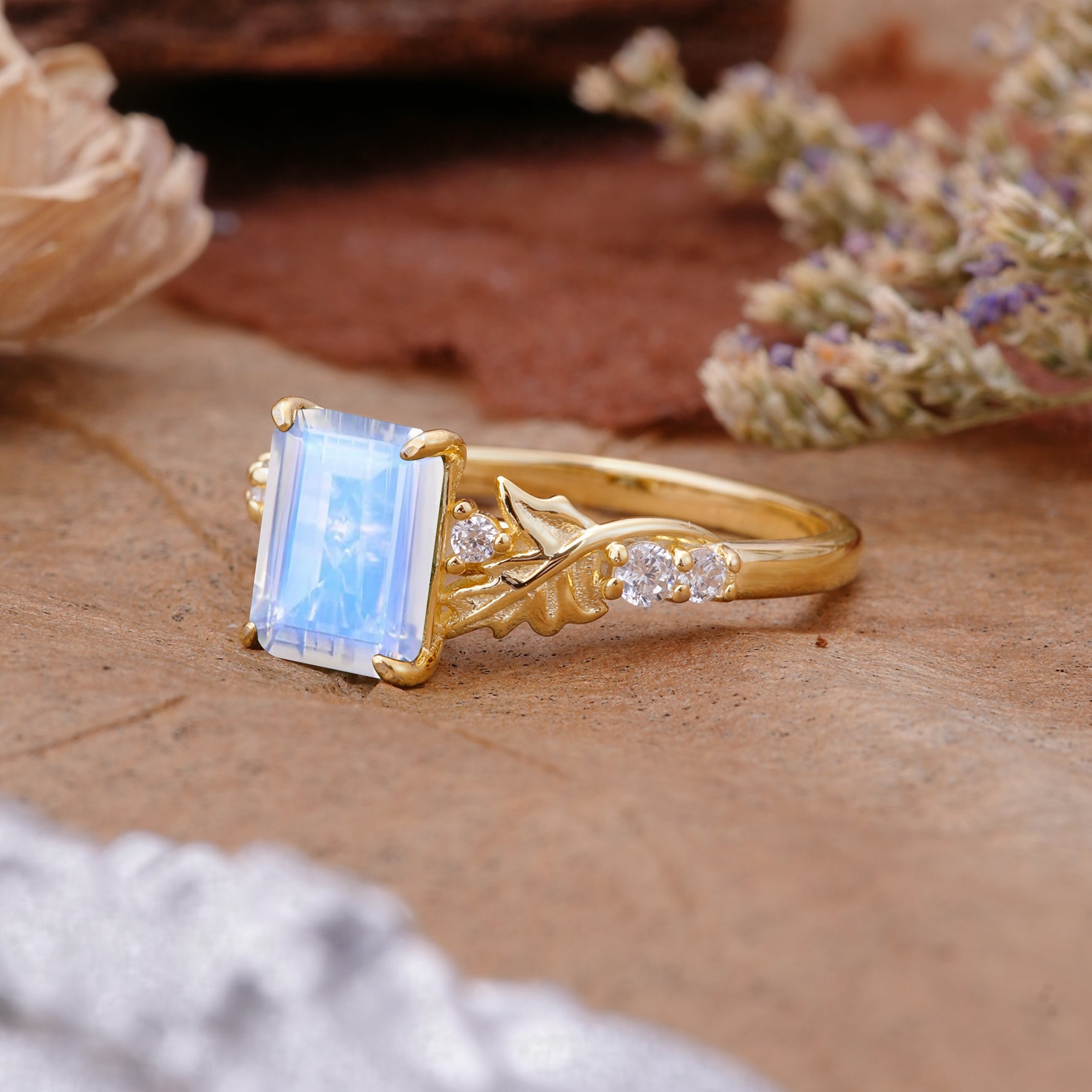 Nature-Inspired Emerald Cut Moonstone Engagement Ring - Additional view