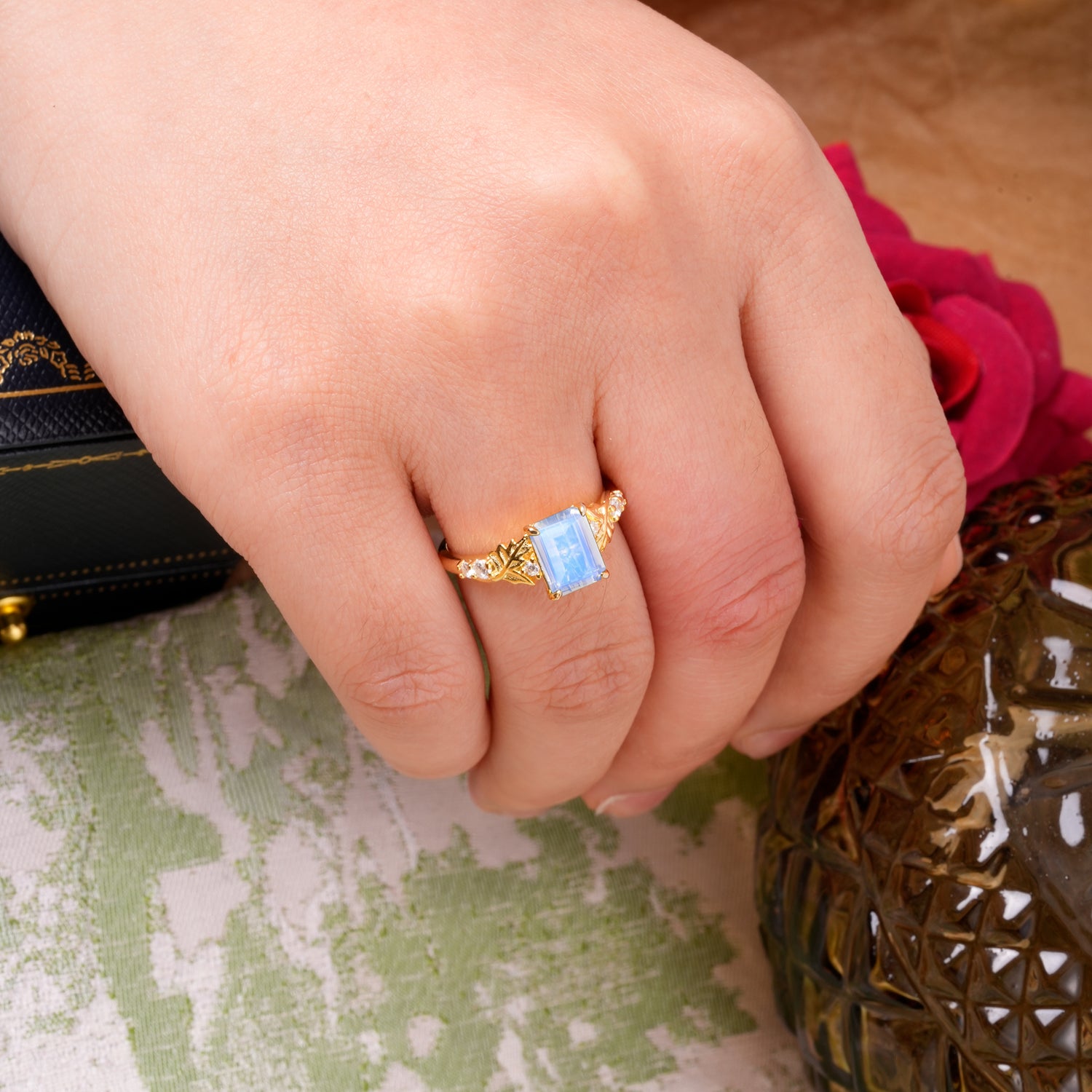 Nature-Inspired Emerald Cut Moonstone Engagement Ring - Additional view