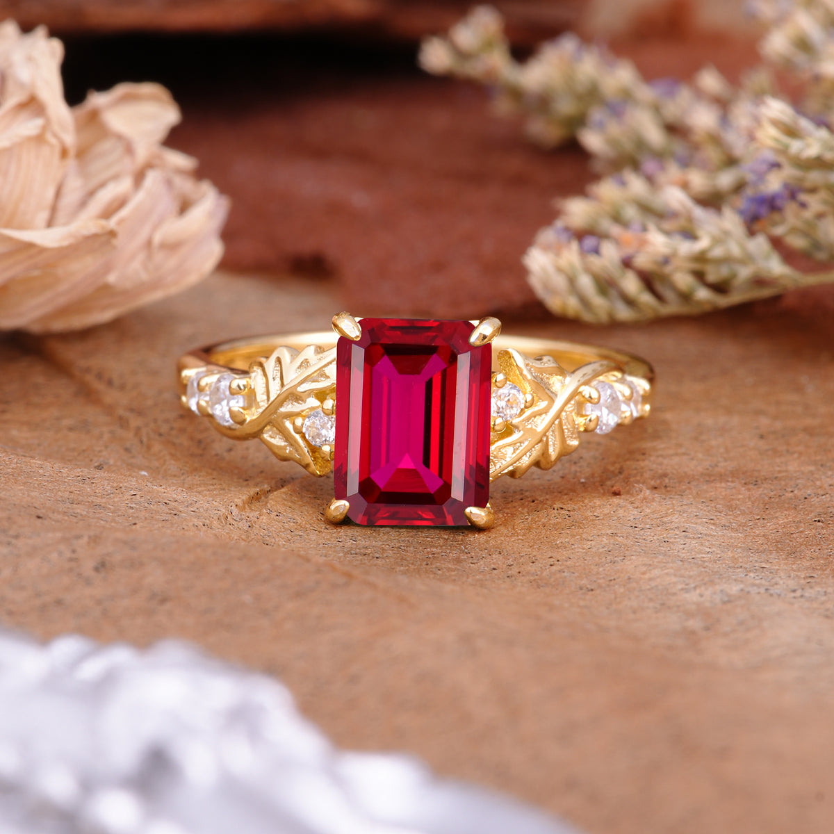 Nature-Inspired Emerald Cut Ruby Engagement Ring - Additional view