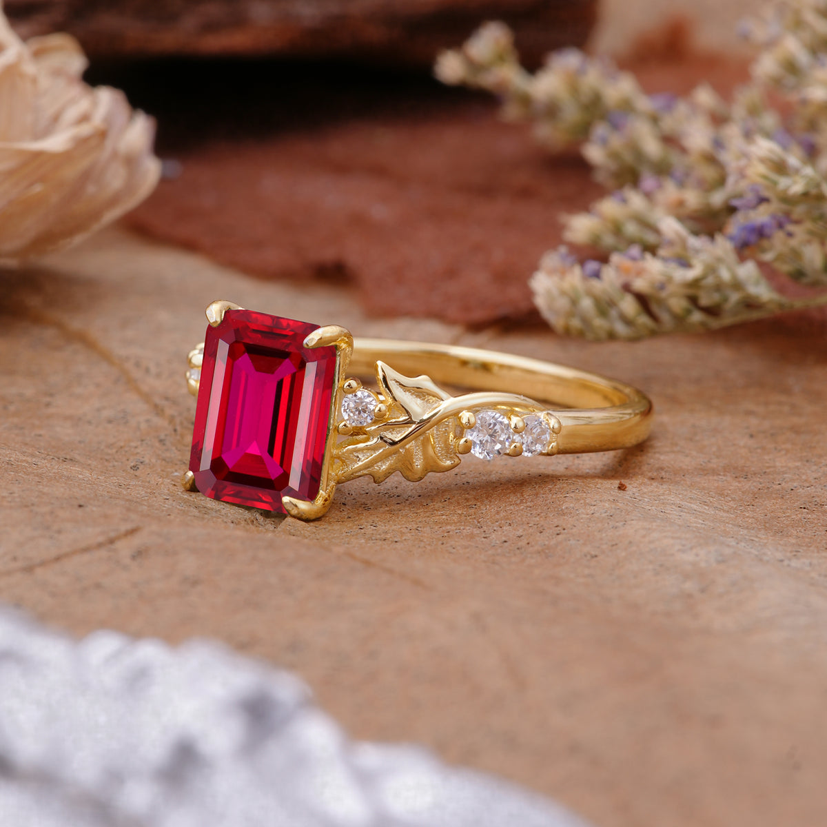 Nature-Inspired Emerald Cut Ruby Engagement Ring - Additional view