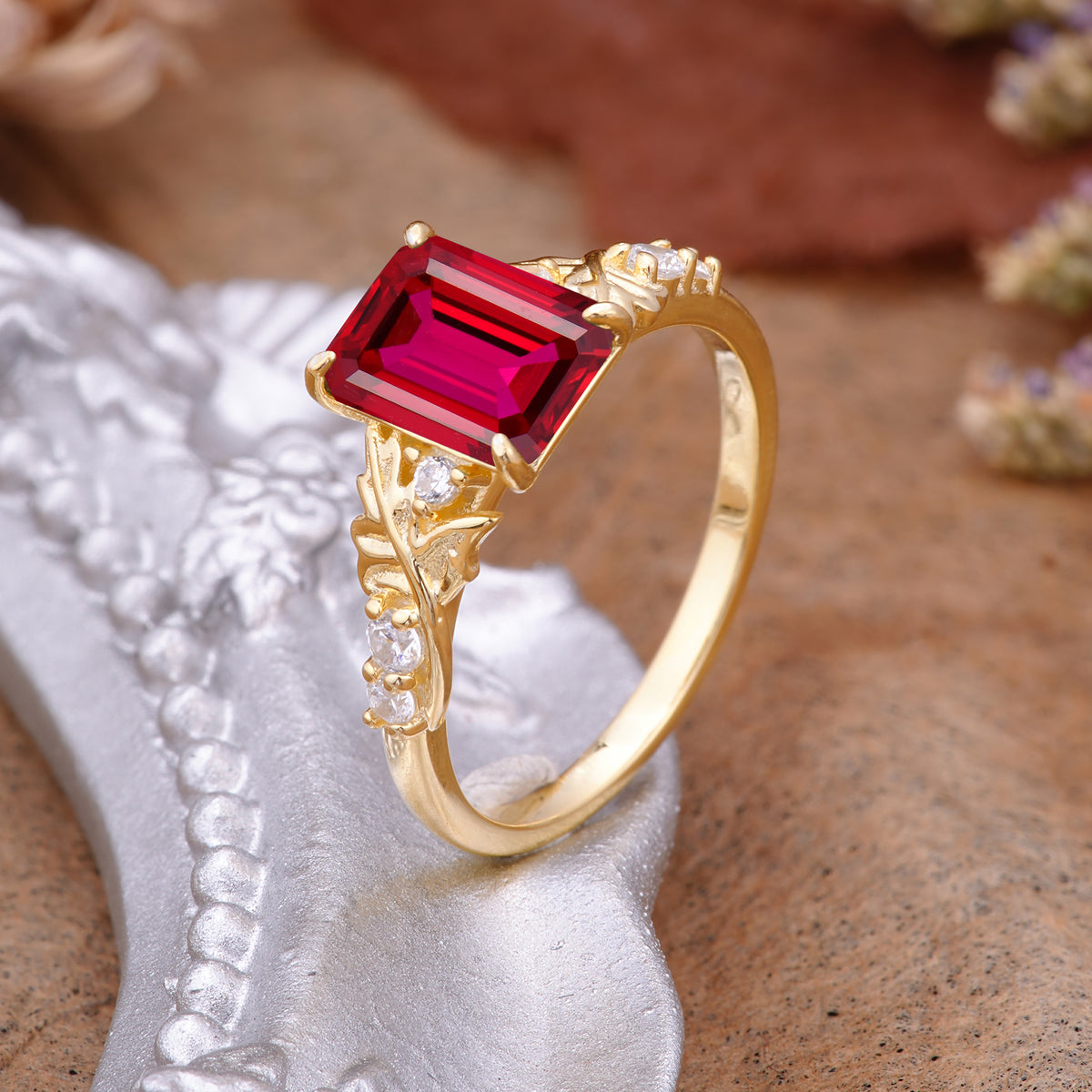 Nature-Inspired Emerald Cut Ruby Engagement Ring - Additional view
