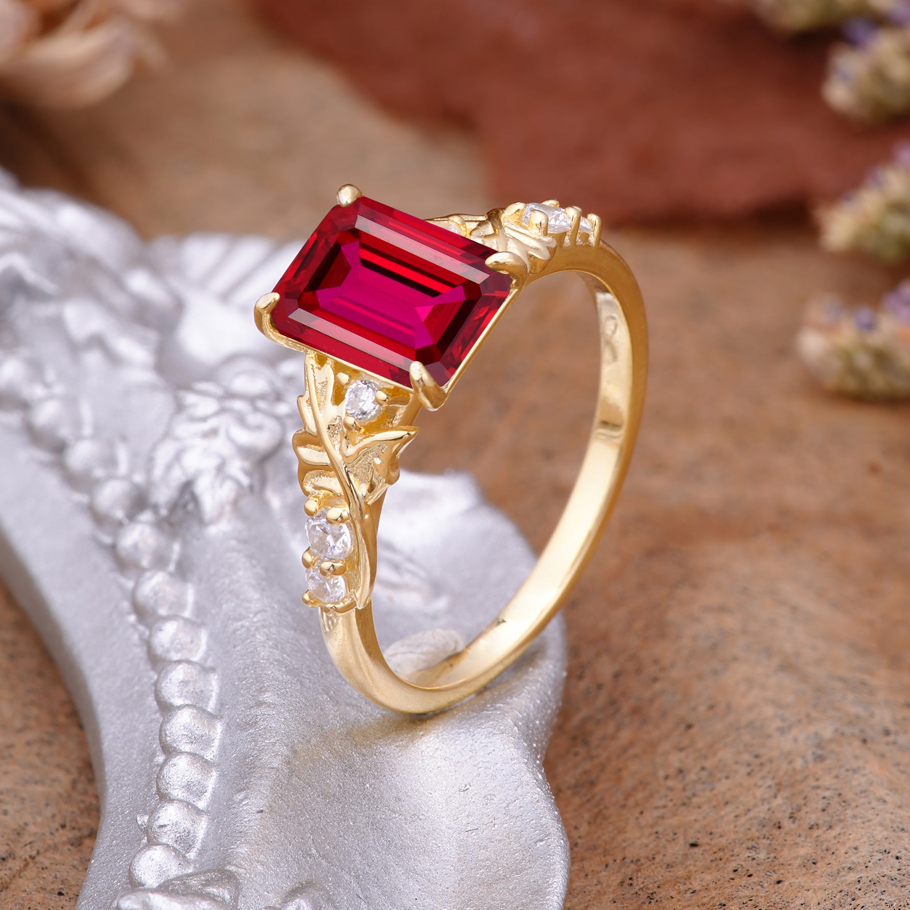 Nature-Inspired Emerald Cut Ruby Engagement Ring - Additional view