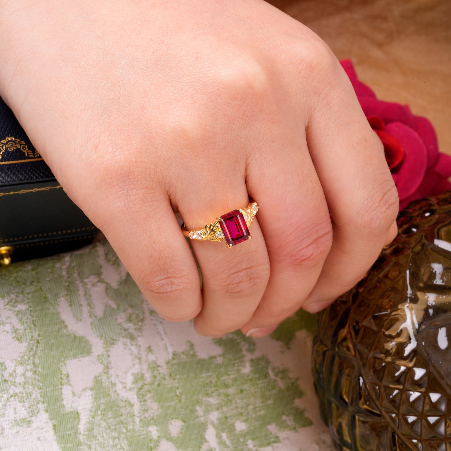 Nature-Inspired Emerald Cut Ruby Engagement Ring - Additional view