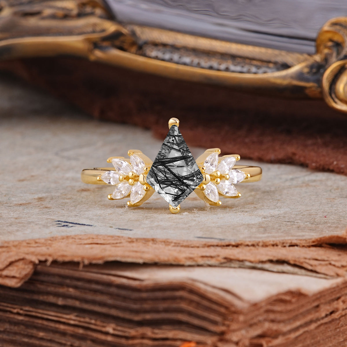 SR17017 Black Rutilated Quartz Ring - Yellow-Gold