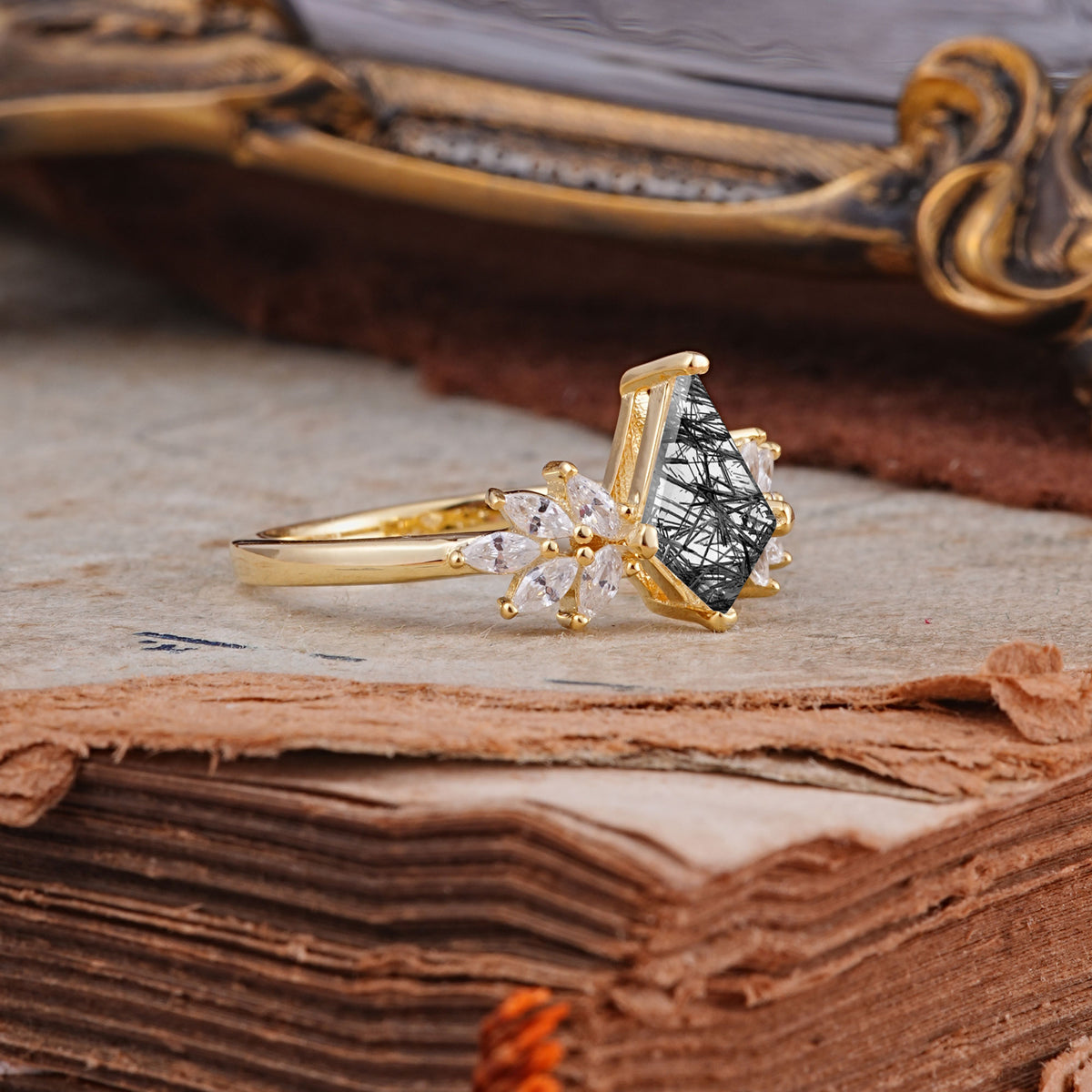 SR17017 Black Rutilated Quartz Ring - Rose-Gold