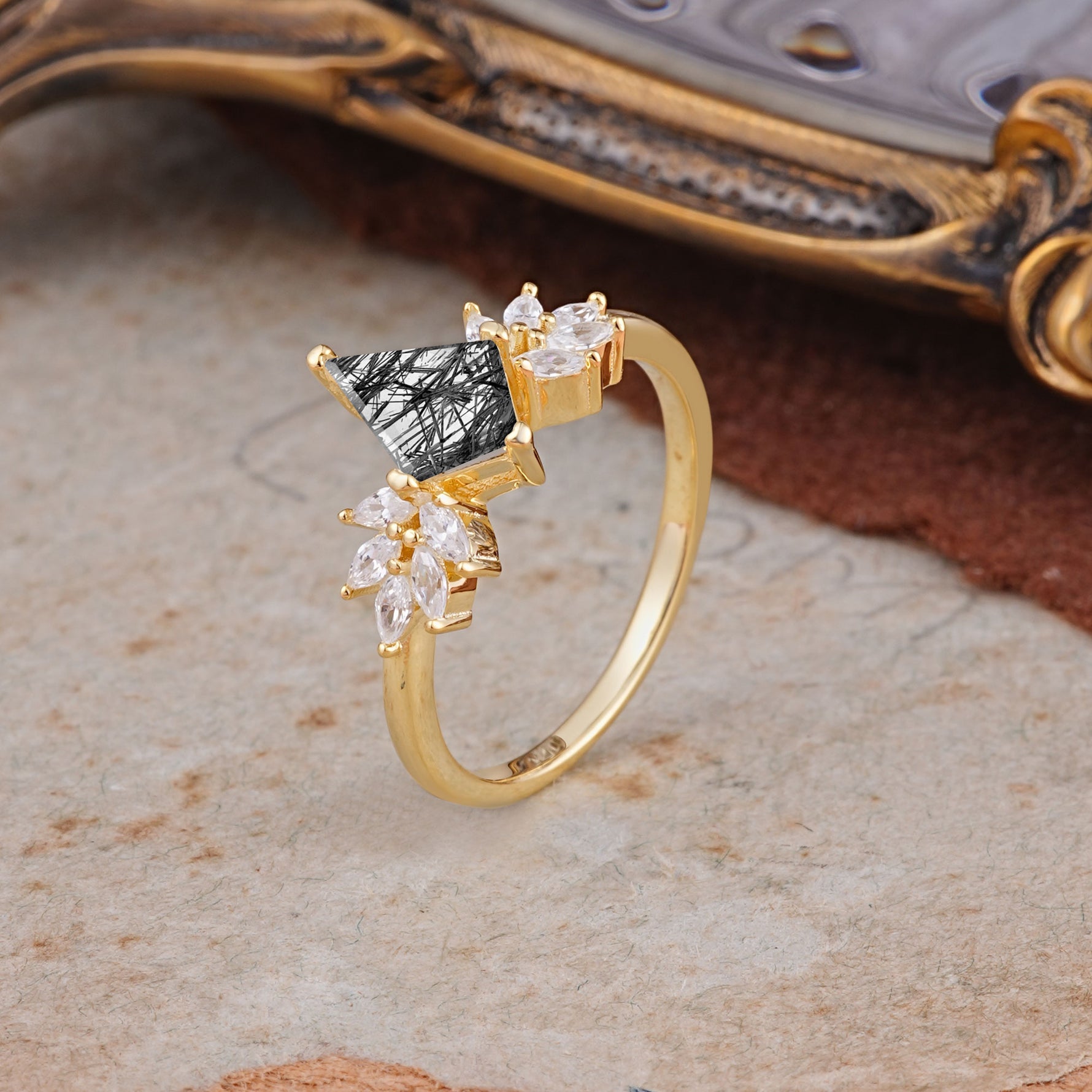 SR17017 Black Rutilated Quartz Ring - White-Gold