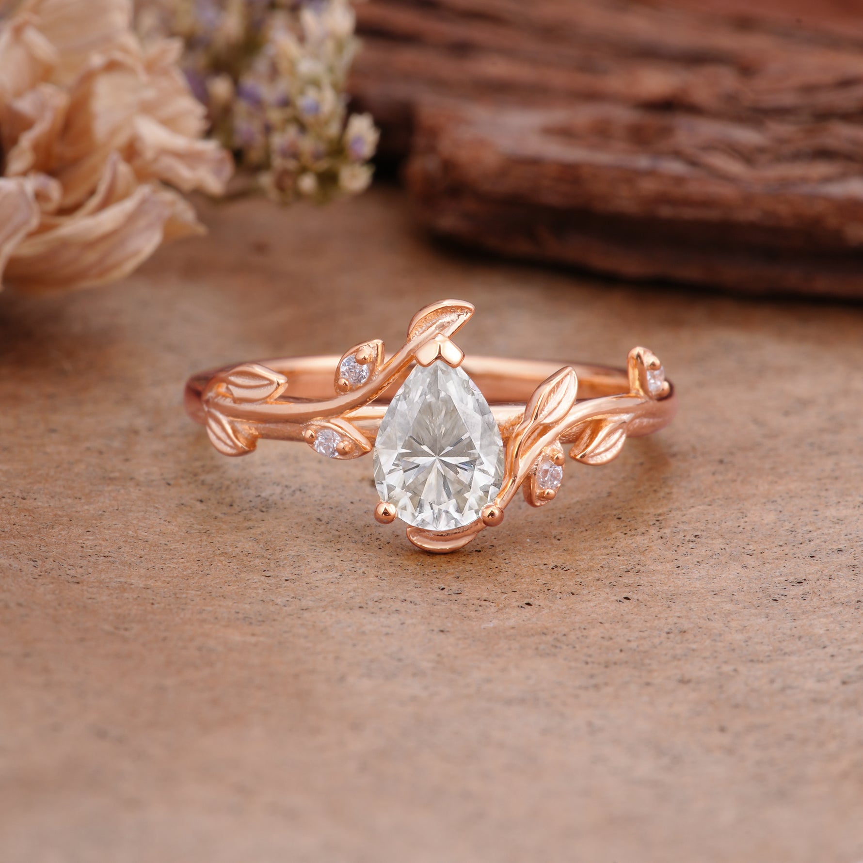 Vintage Leaf Design Pear Shaped Moissanite Engagement Ring - Additional view