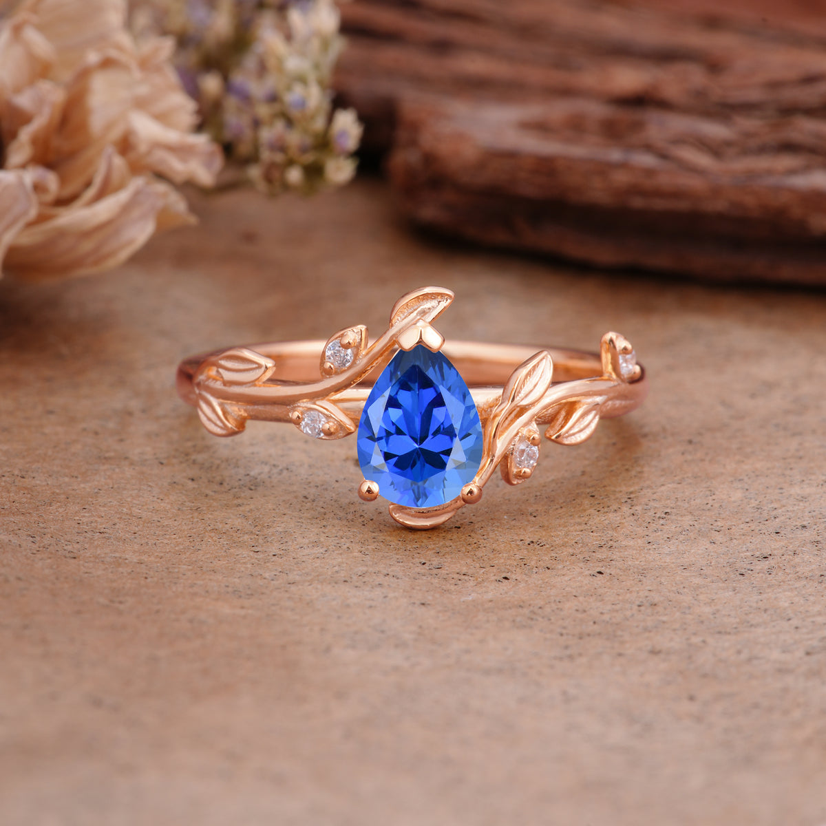 Vintage Leaf Design Pear Shaped Sapphire Engagement Ring - Additional view
