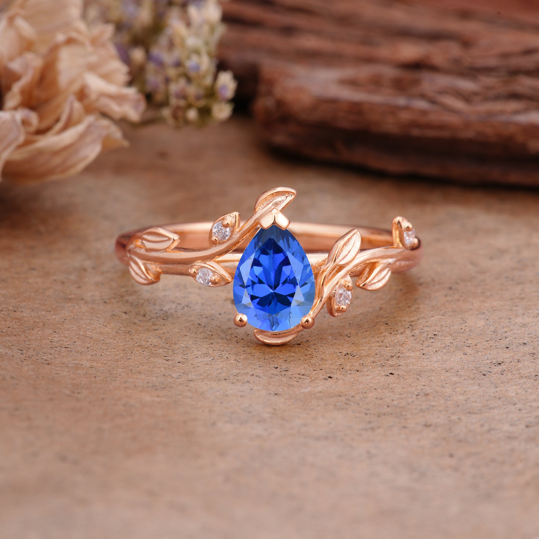 Vintage Leaf Design Pear Shaped Sapphire Engagement Ring - Additional view