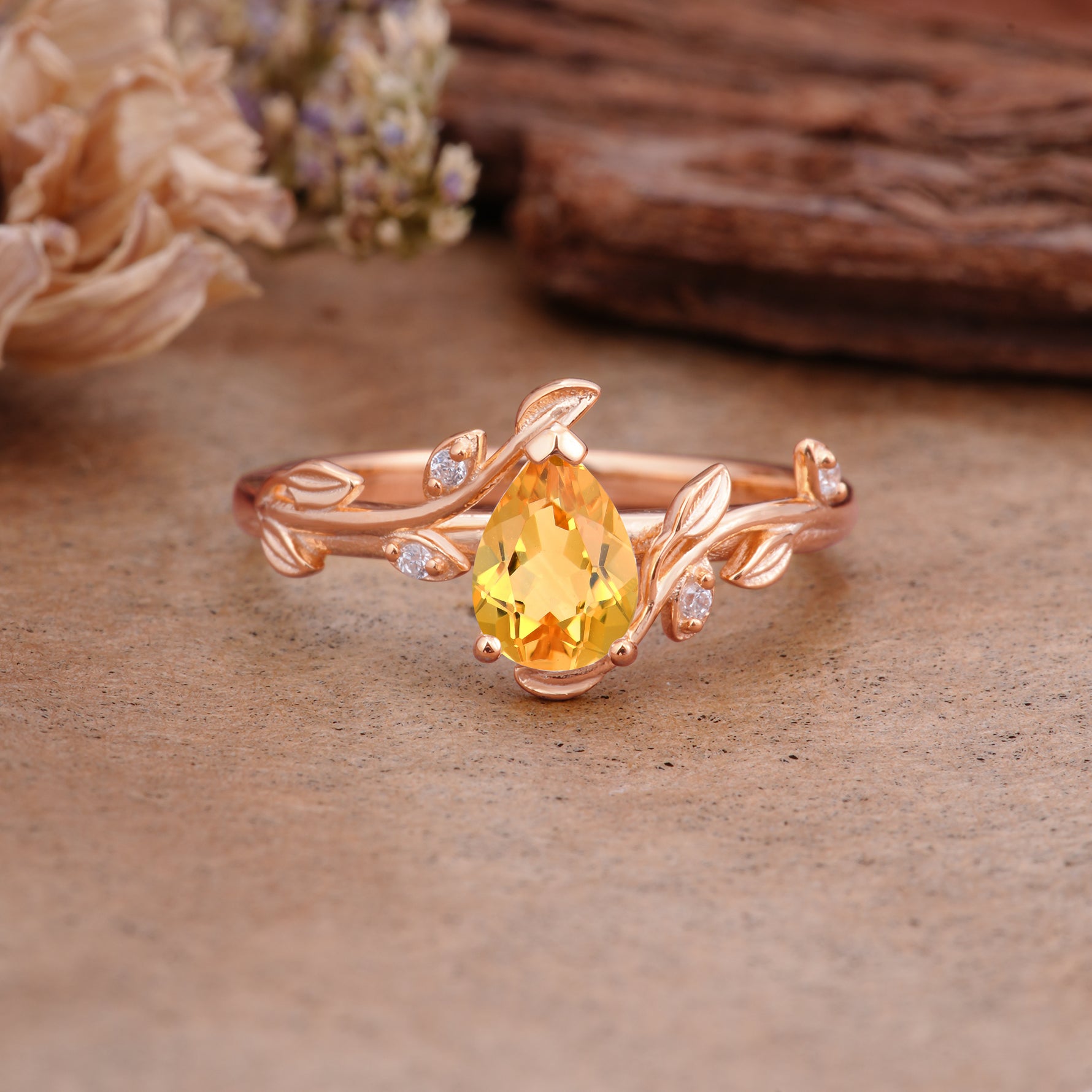 Vintage Leaf Design Pear Shaped Citrine Engagement Ring - Additional view
