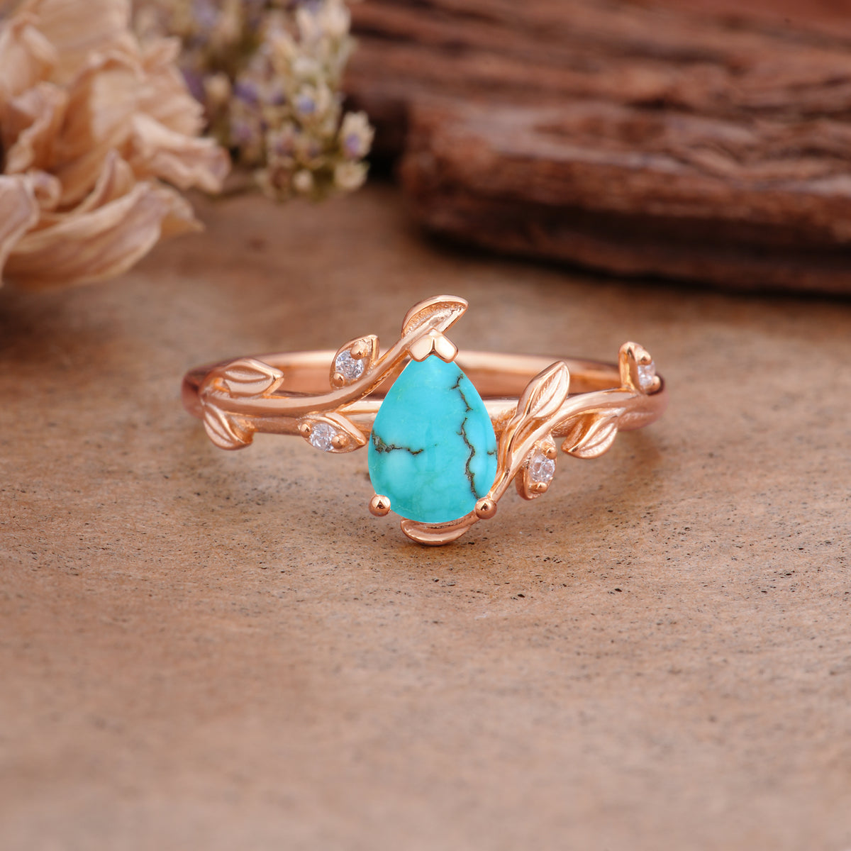 Vintage Leaf Design Pear Shaped Turquoise Engagement Ring - Additional view