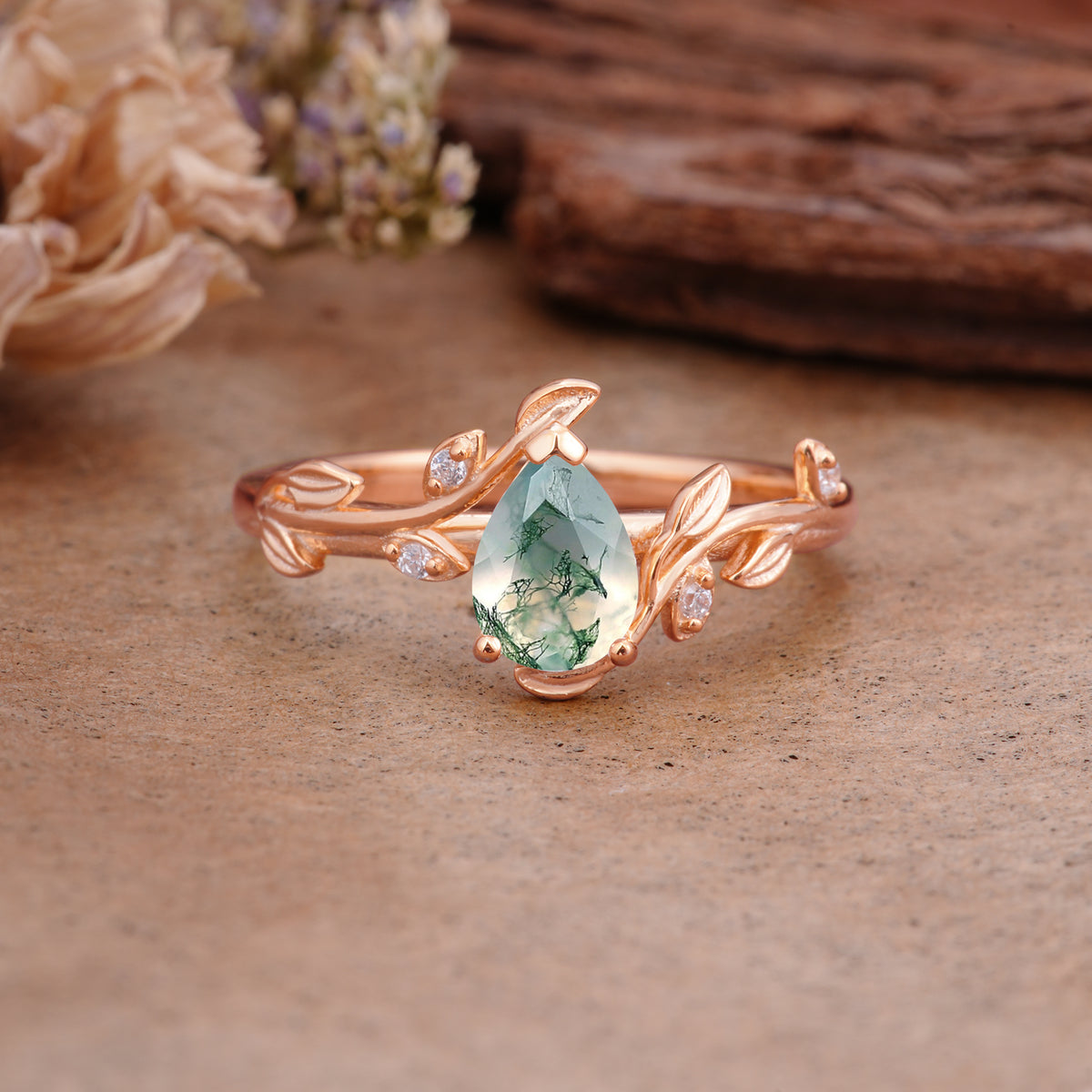 Vintage Leaf Design Pear Shaped Moss Agate Engagement Ring - Additional view