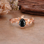 Vintage Leaf Design Pear Shaped Black Onyx Engagement Ring - Additional view