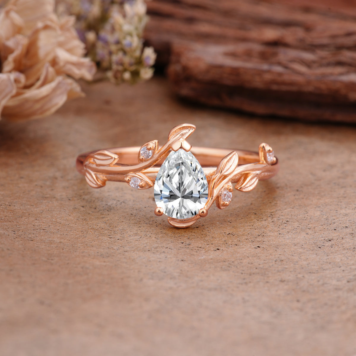 Vintage Leaf Design Pear Shaped Lab Diamond Engagement Ring - Additional view
