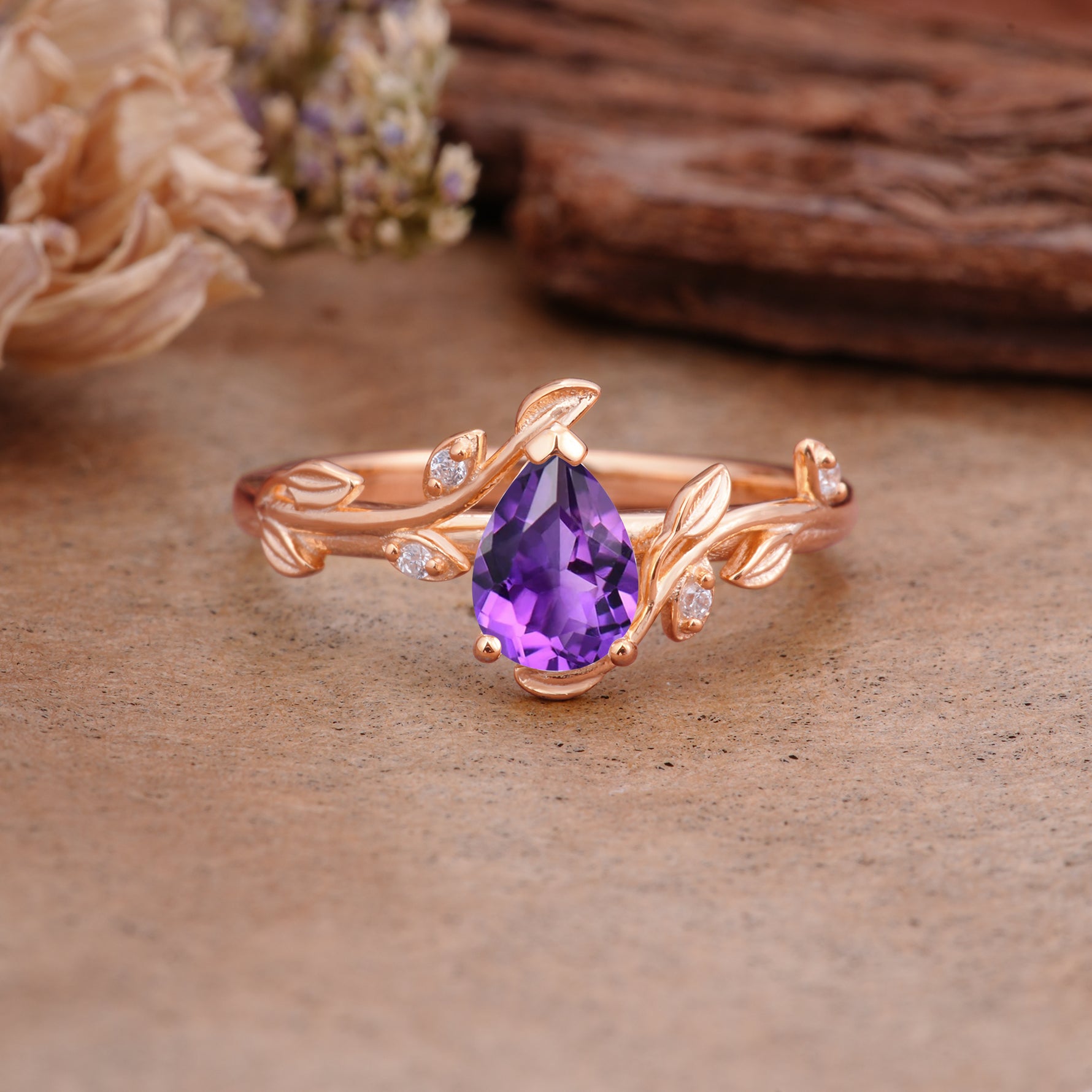 Vintage Leaf Design Pear Shaped Amethyst Engagement Ring - Additional view