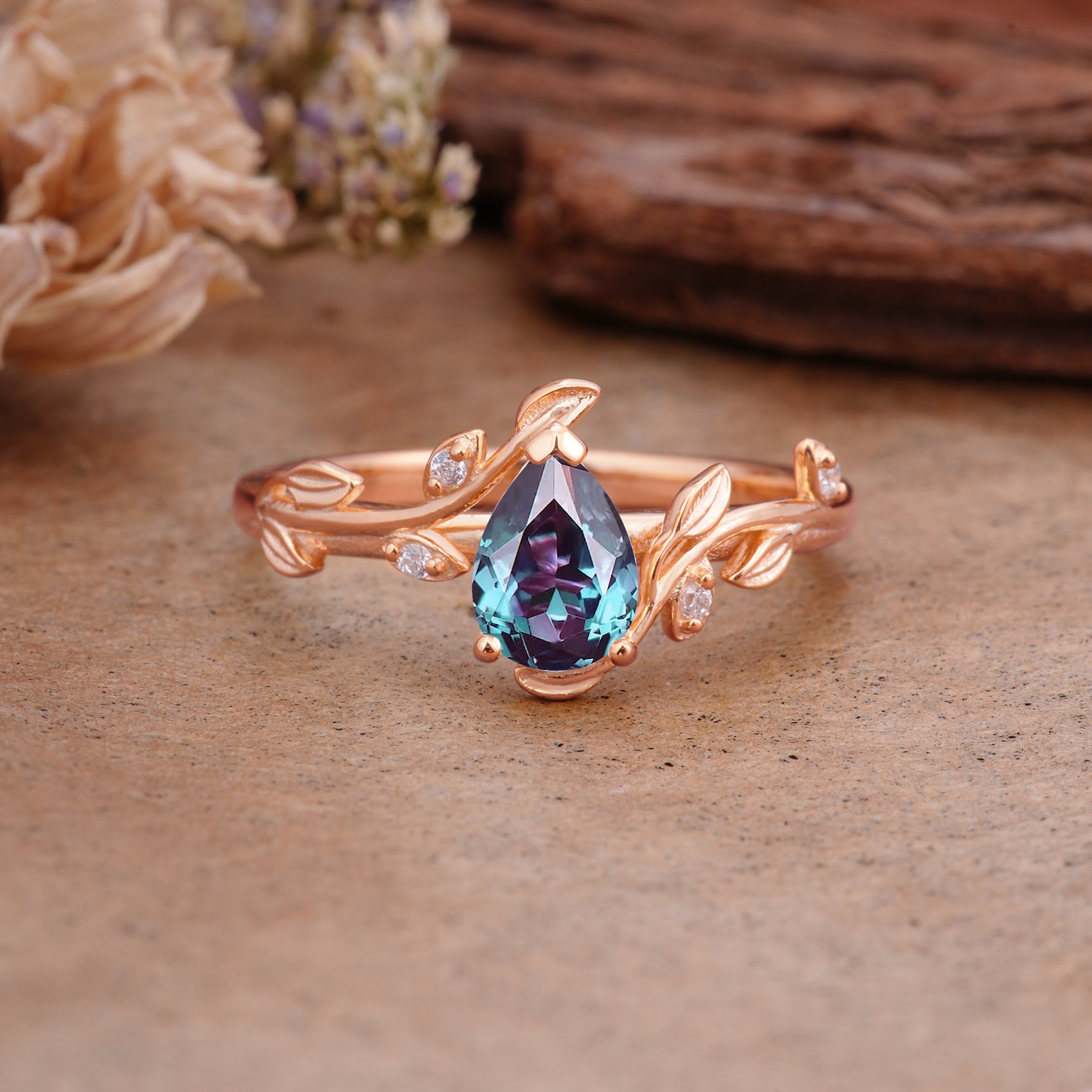 Vintage Leaf Design Pear Shaped Alexandrite Engagement Ring - Additional view