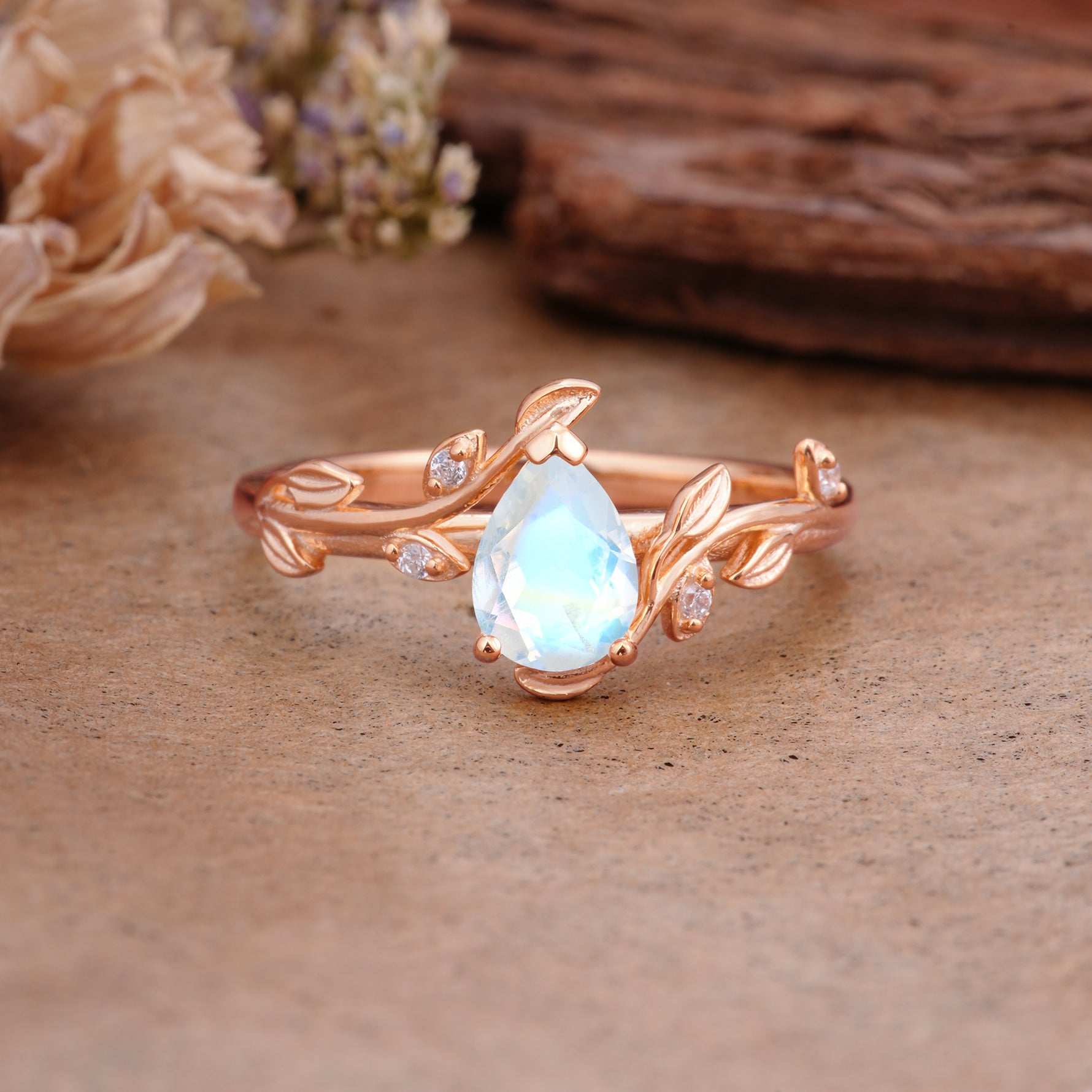Vintage Leaf Design Pear Shaped Moonstone Engagement Ring - Additional view