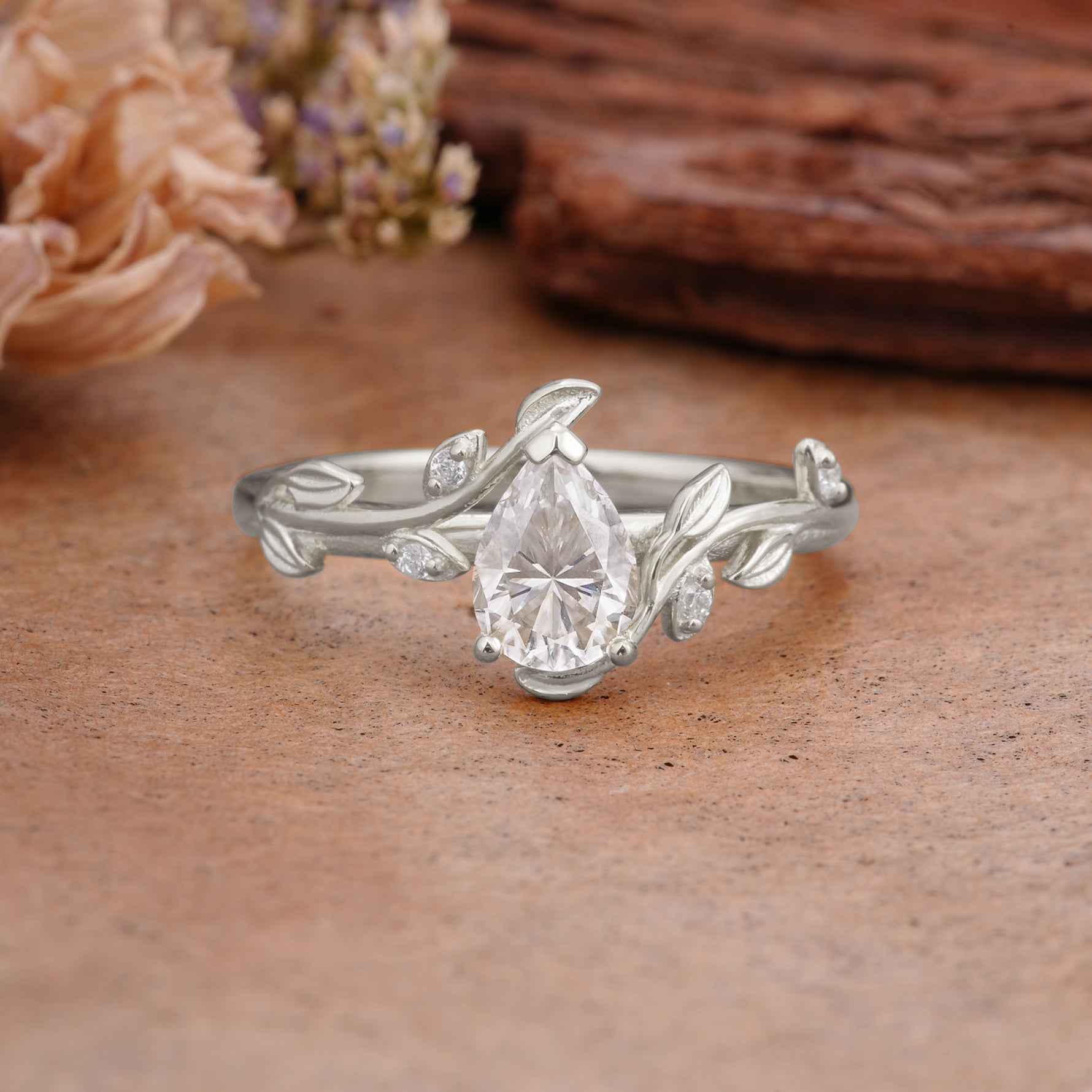 Vintage Leaf Design Pear Shaped Moissanite Engagement Ring - Additional view