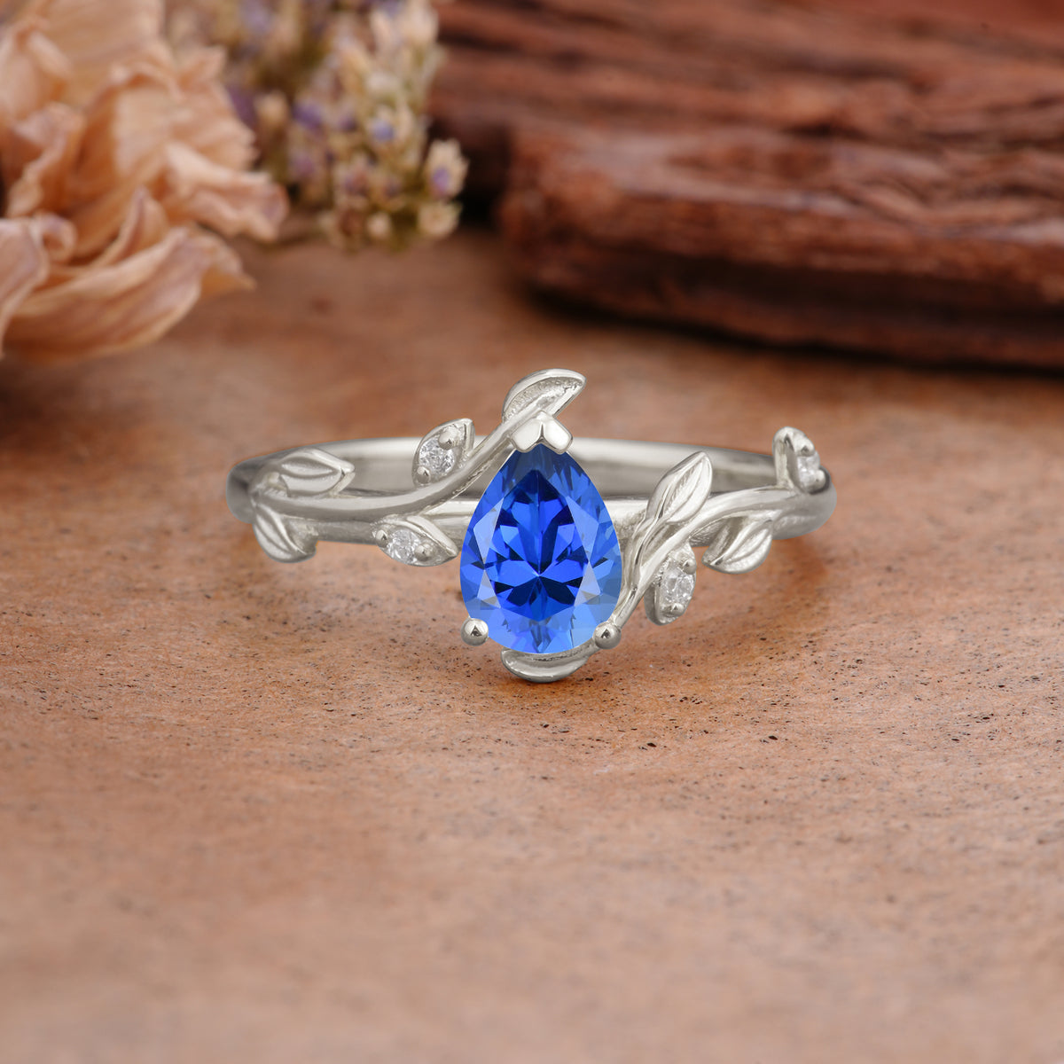 Vintage Leaf Design Pear Shaped Sapphire Engagement Ring - Additional view