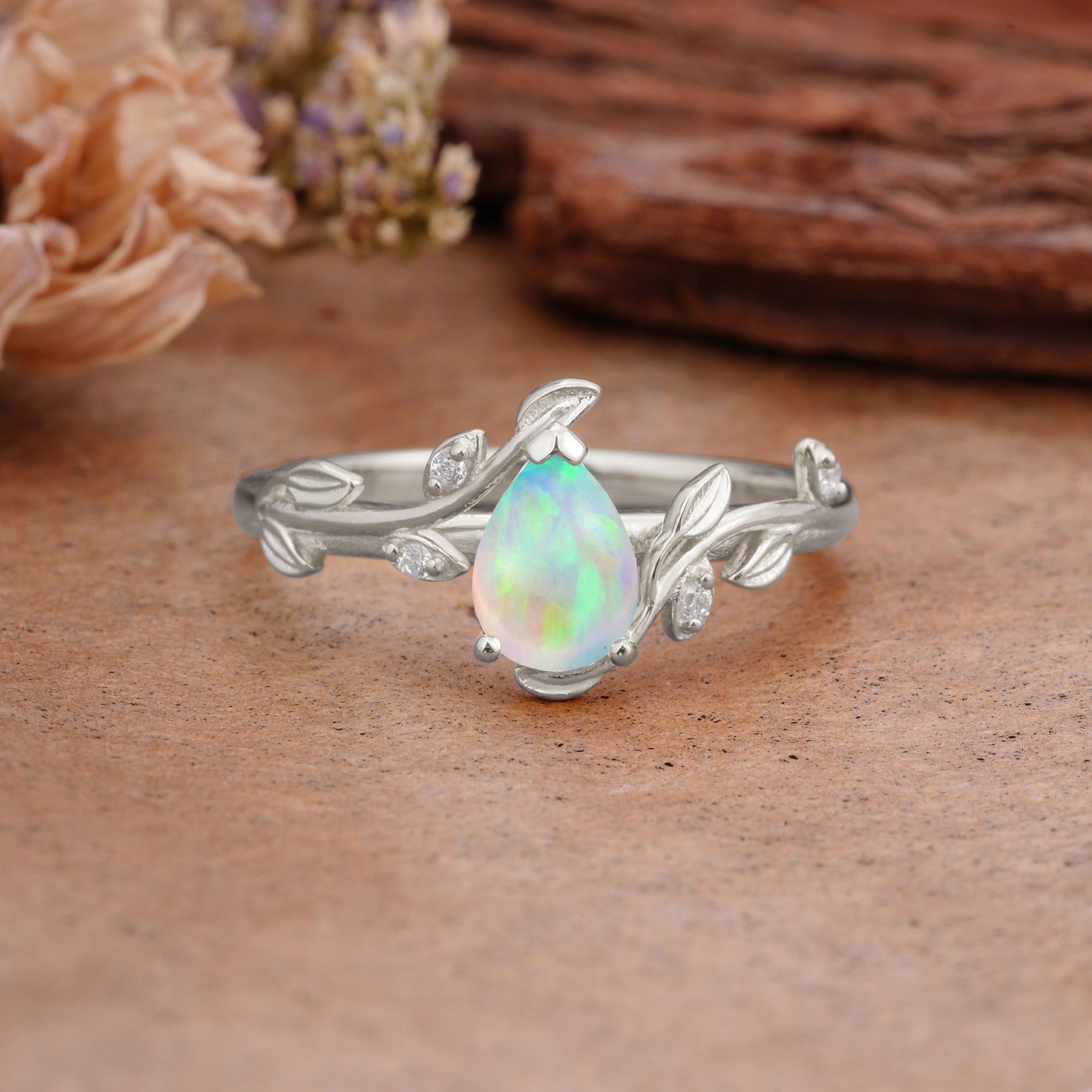 Vintage Leaf Design Pear Shaped Fire Opal Engagement Ring - Additional view