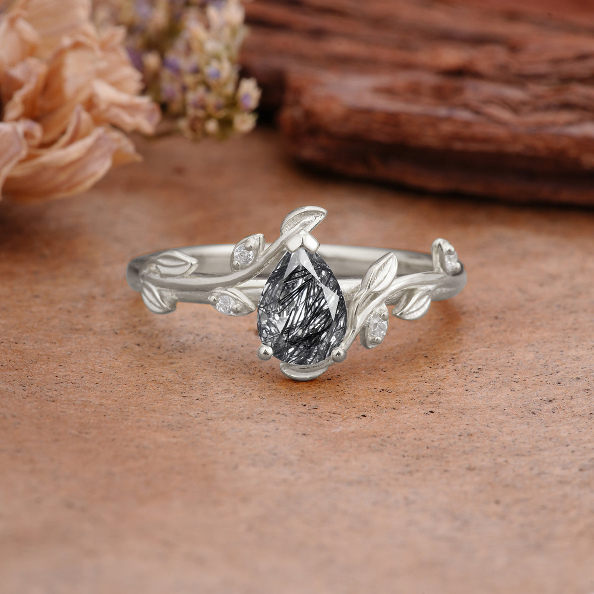 Vintage Leaf Design Pear Shaped Black Rutilated Quartz Engagement Ring - Additional view