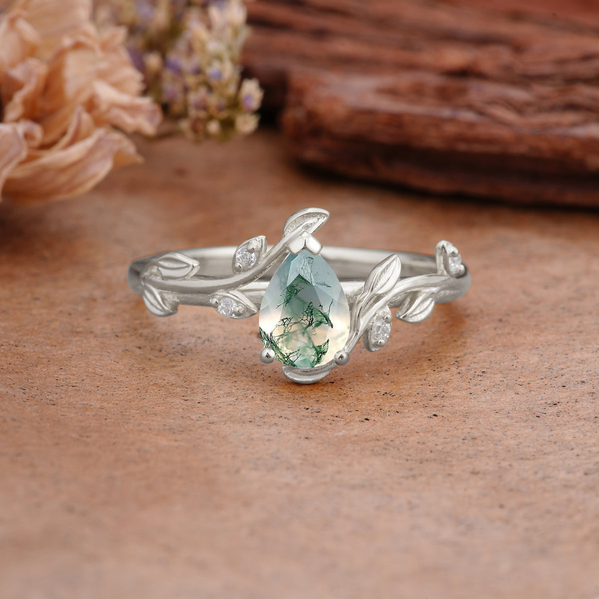 Vintage Leaf Design Pear Shaped Moss Agate Engagement Ring - Additional view