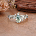 Vintage Leaf Design Pear Shaped Moss Agate Engagement Ring - Additional view