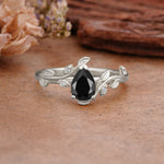 Vintage Leaf Design Pear Shaped Black Onyx Engagement Ring - Additional view