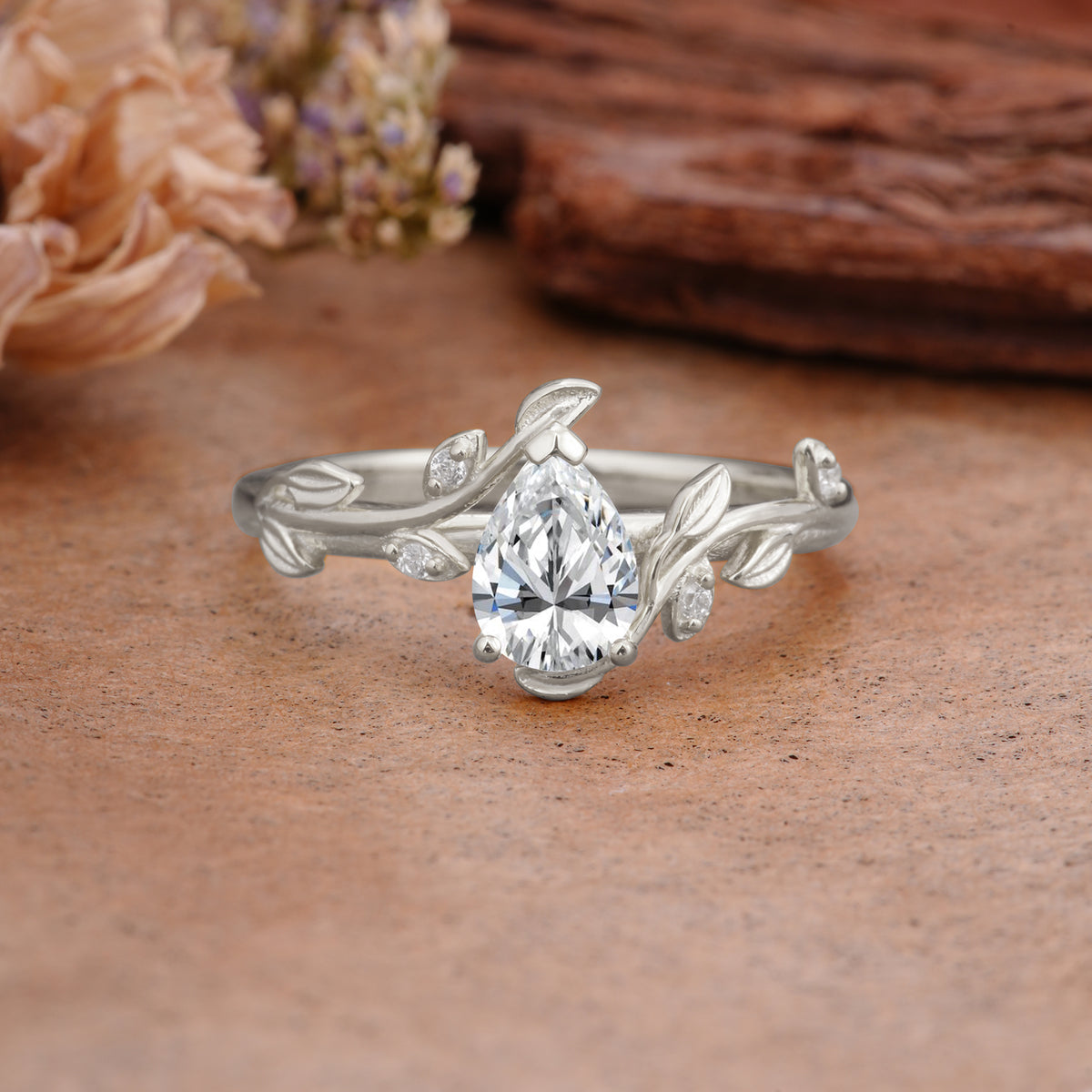 Vintage Leaf Design Pear Shaped Lab Diamond Engagement Ring - Additional view