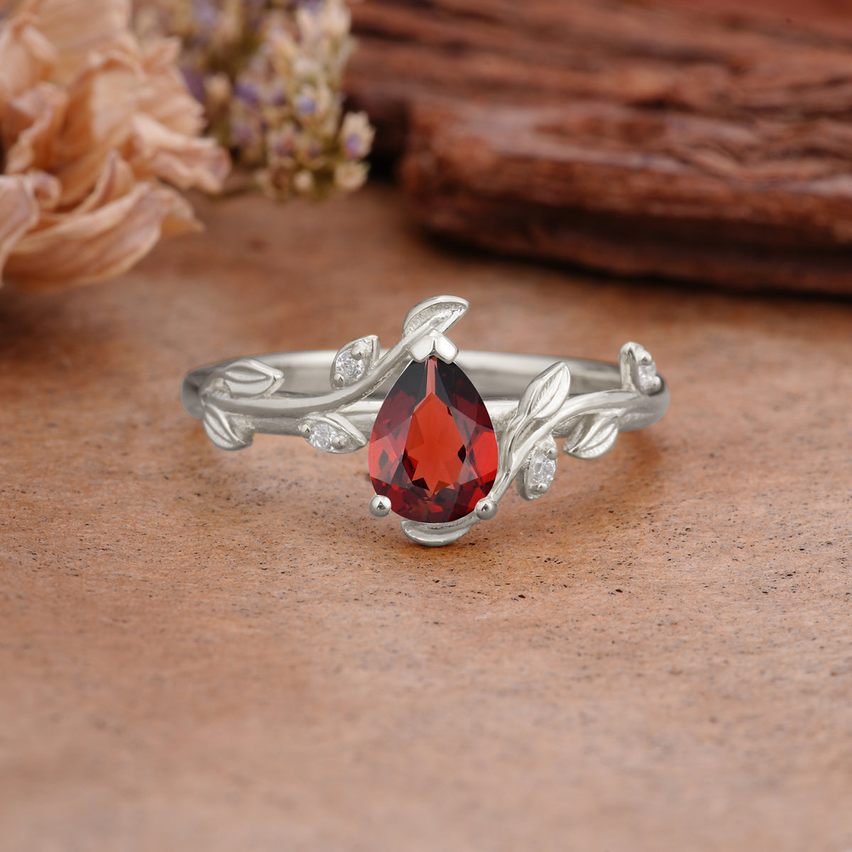 Vintage Leaf Design Pear Shaped Garnet Engagement Ring - Additional view